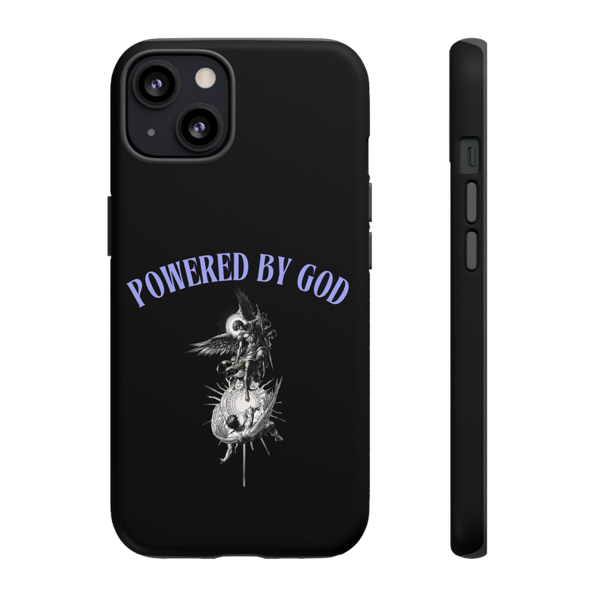 Phone Case — "Powered by God" Black Protective Case with Angelic Skull Design