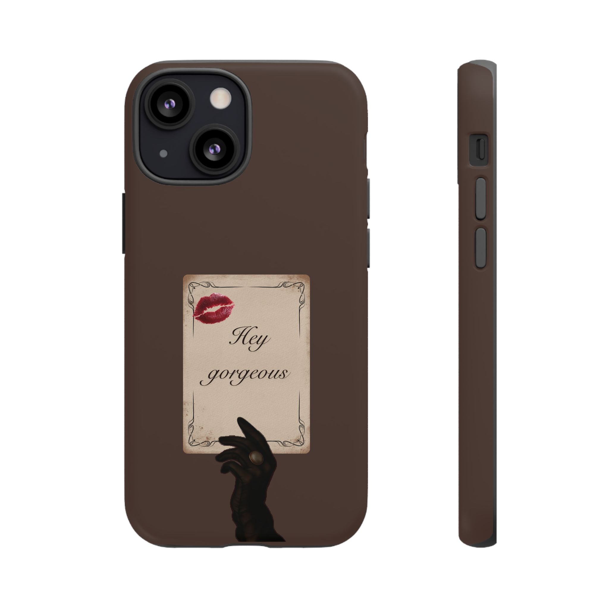Hey Gorgeous Phone Case — Brown Lip Print & Shadow Hand Protective Cover