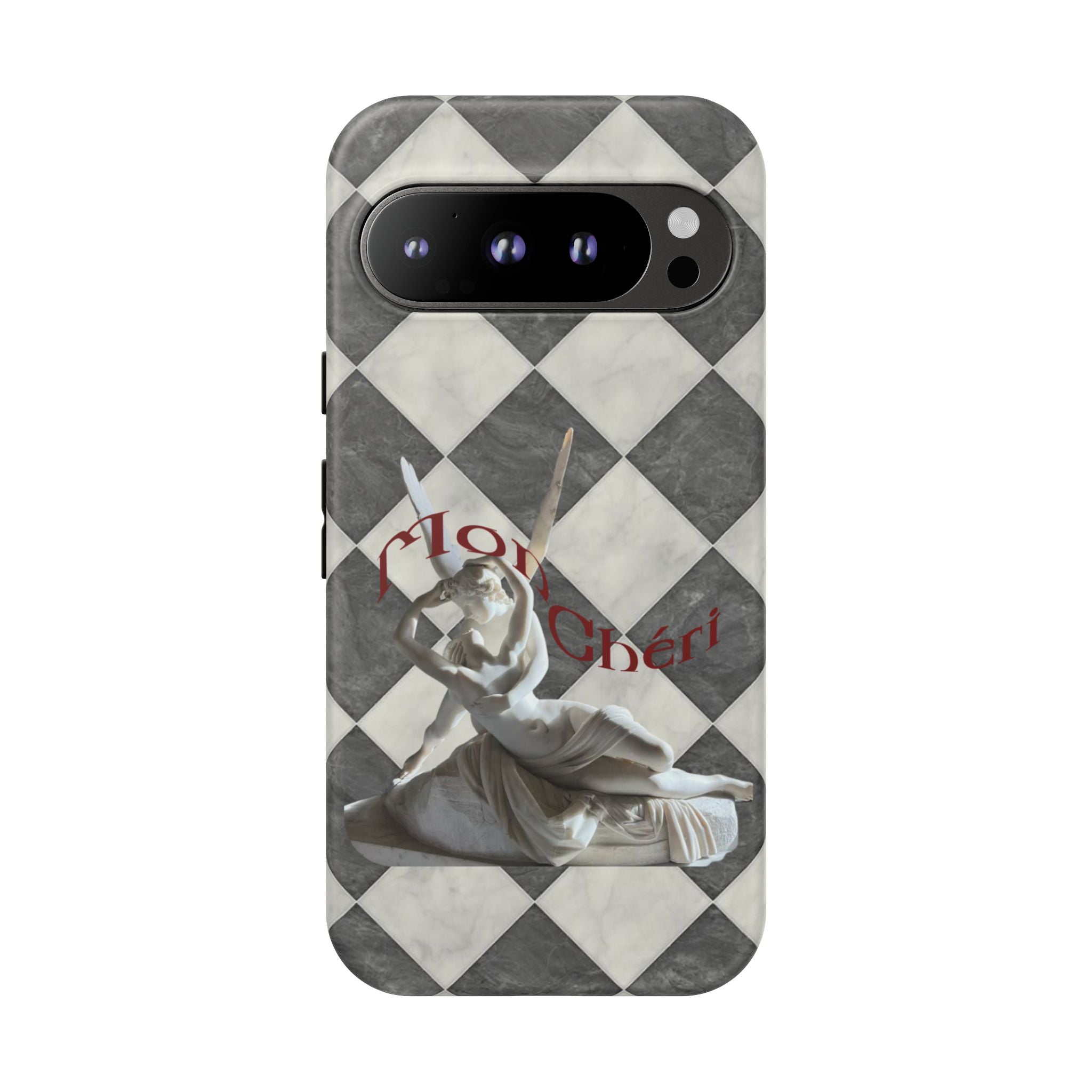 Phone Case — Vintage Harlequin Design with 'Mon Cheri' Statue Accent