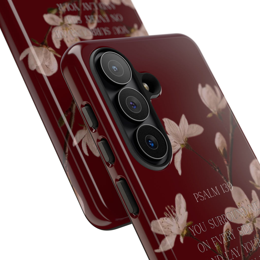 Floral Psalm Tough Phone Case — Burgundy Magnolia Branch with Psalm 139 Verse