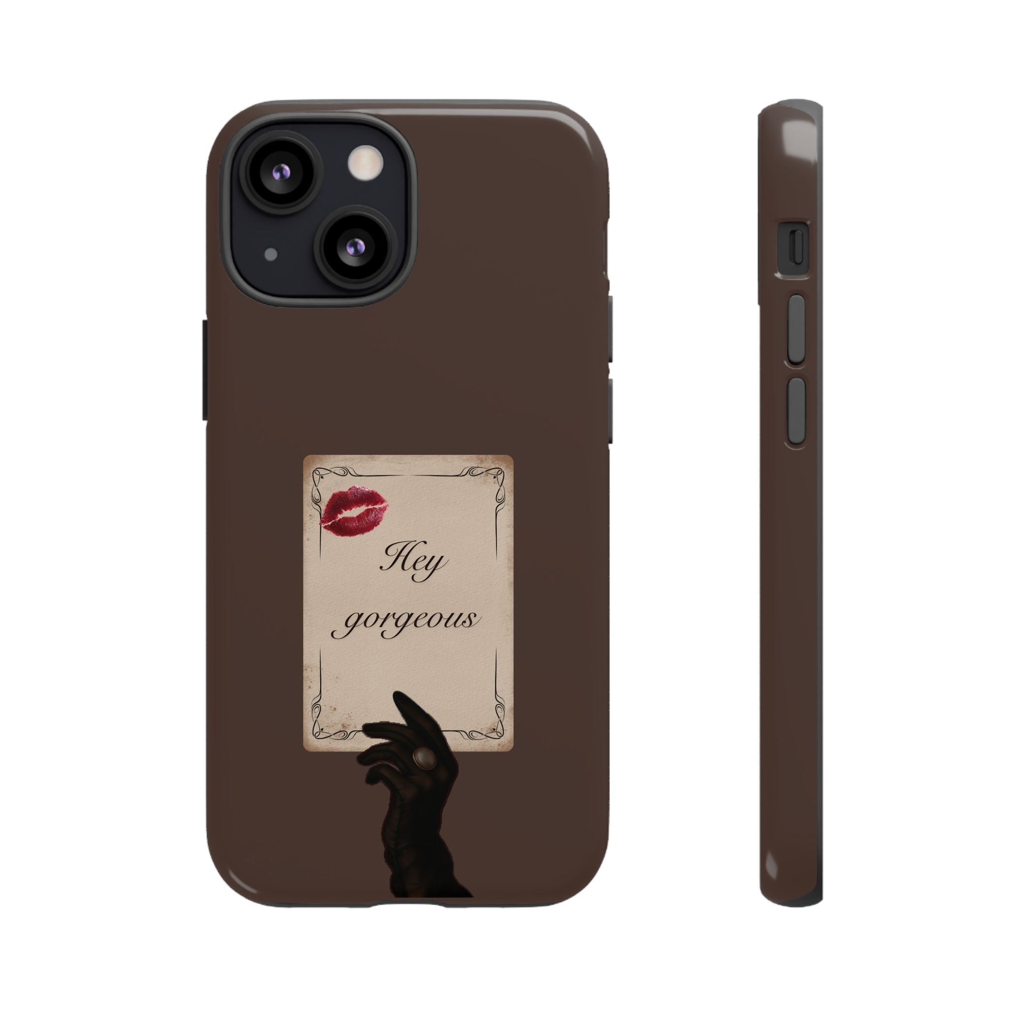 Hey Gorgeous Phone Case — Brown Lip Print & Shadow Hand Protective Cover