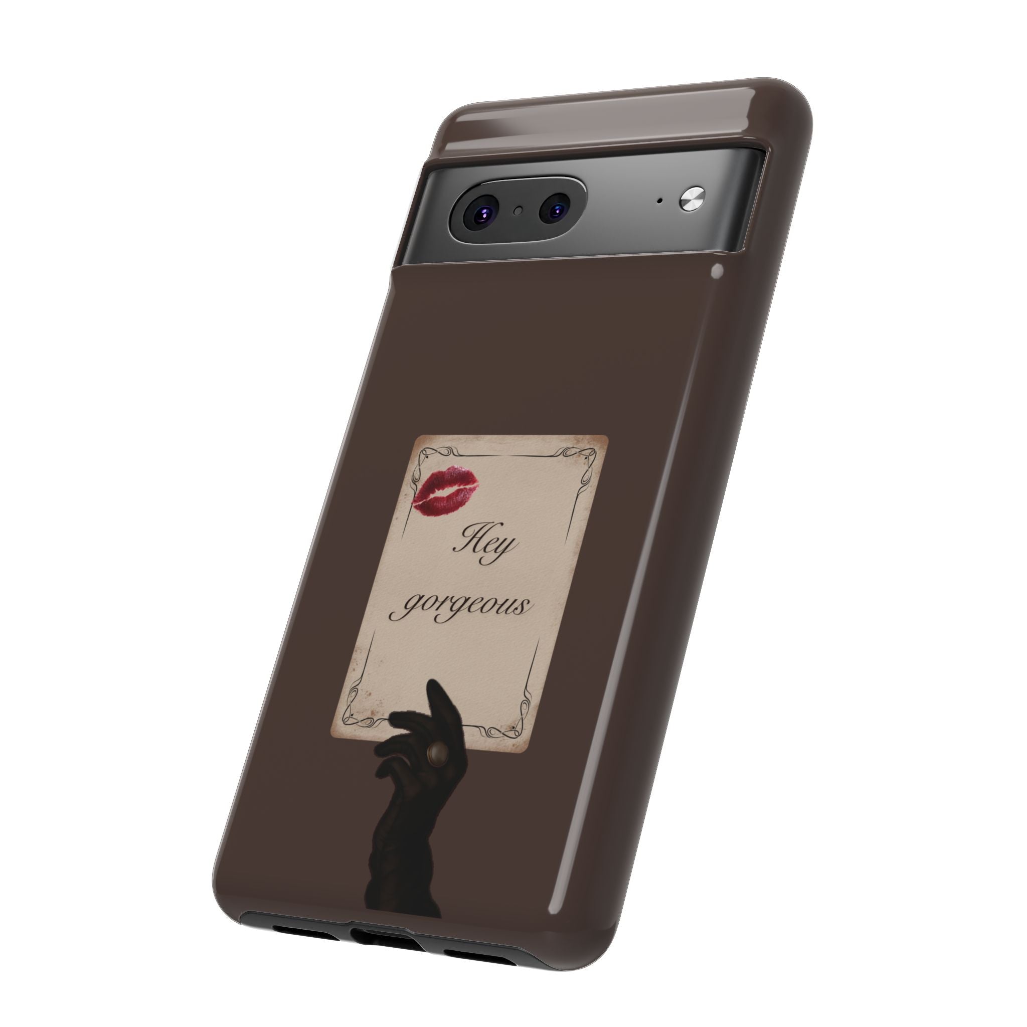 Hey Gorgeous Phone Case — Brown Lip Print & Shadow Hand Protective Cover