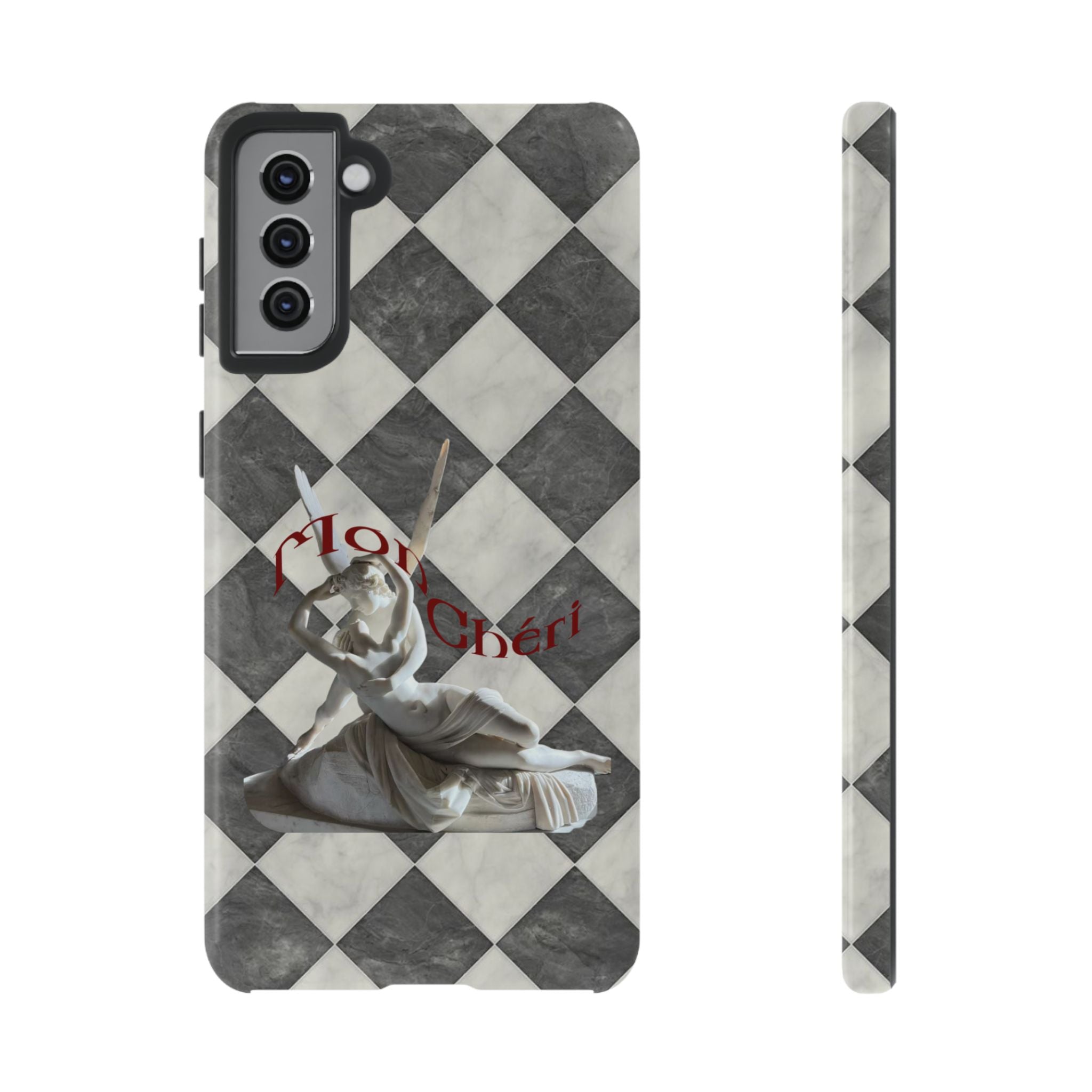 Phone Case — Vintage Harlequin Design with 'Mon Cheri' Statue Accent