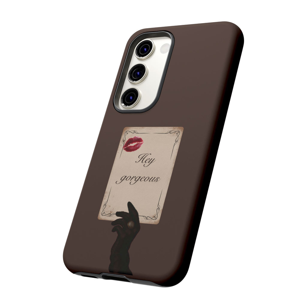 Hey Gorgeous Phone Case — Brown Lip Print & Shadow Hand Protective Cover