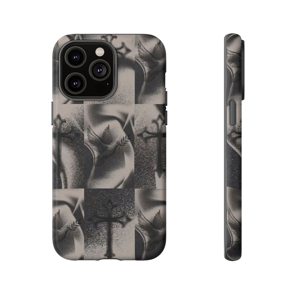 Gothic Cross & Dove Phone Case — Moody Checkerboard Protective Case