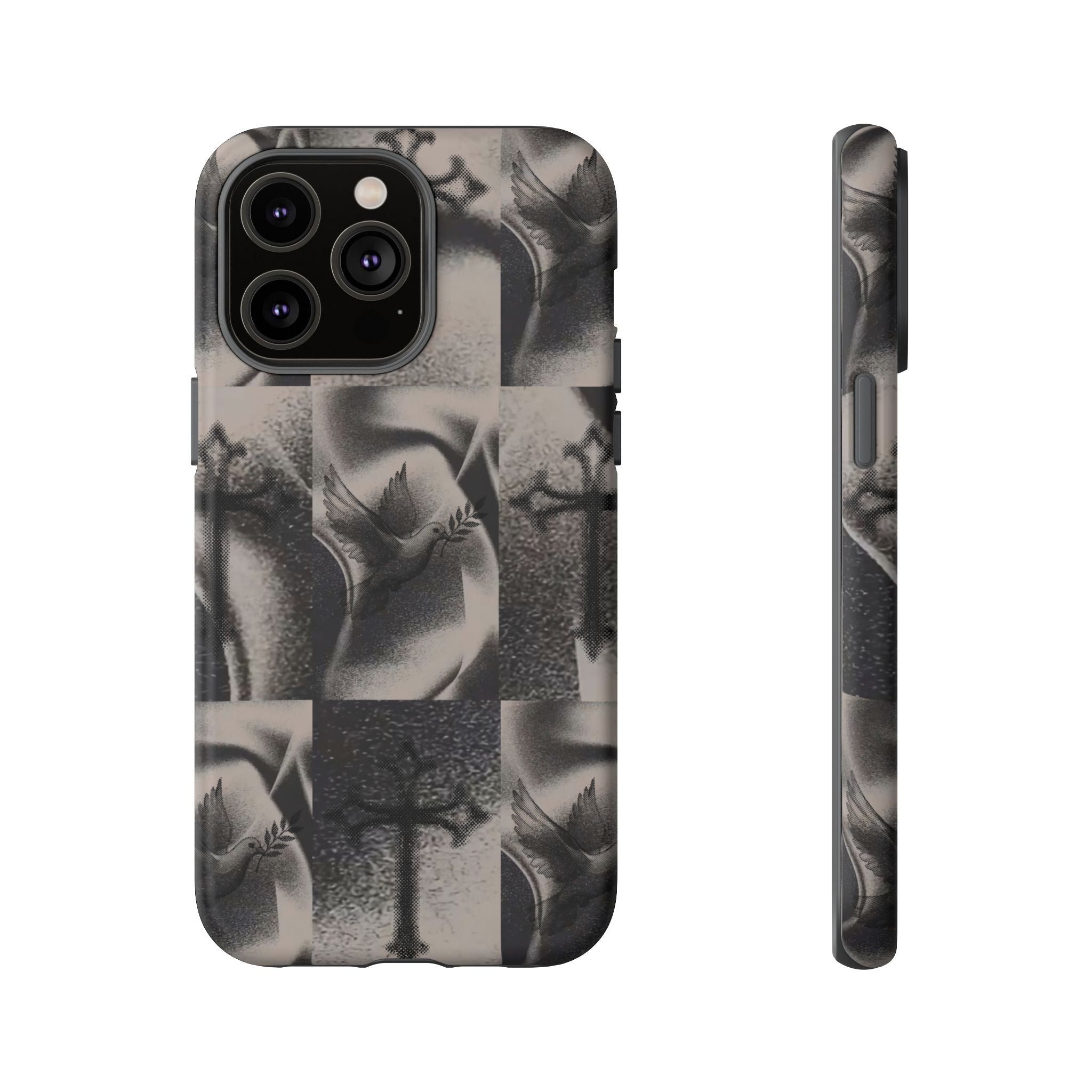 Gothic Cross & Dove Phone Case — Moody Checkerboard Protective Case