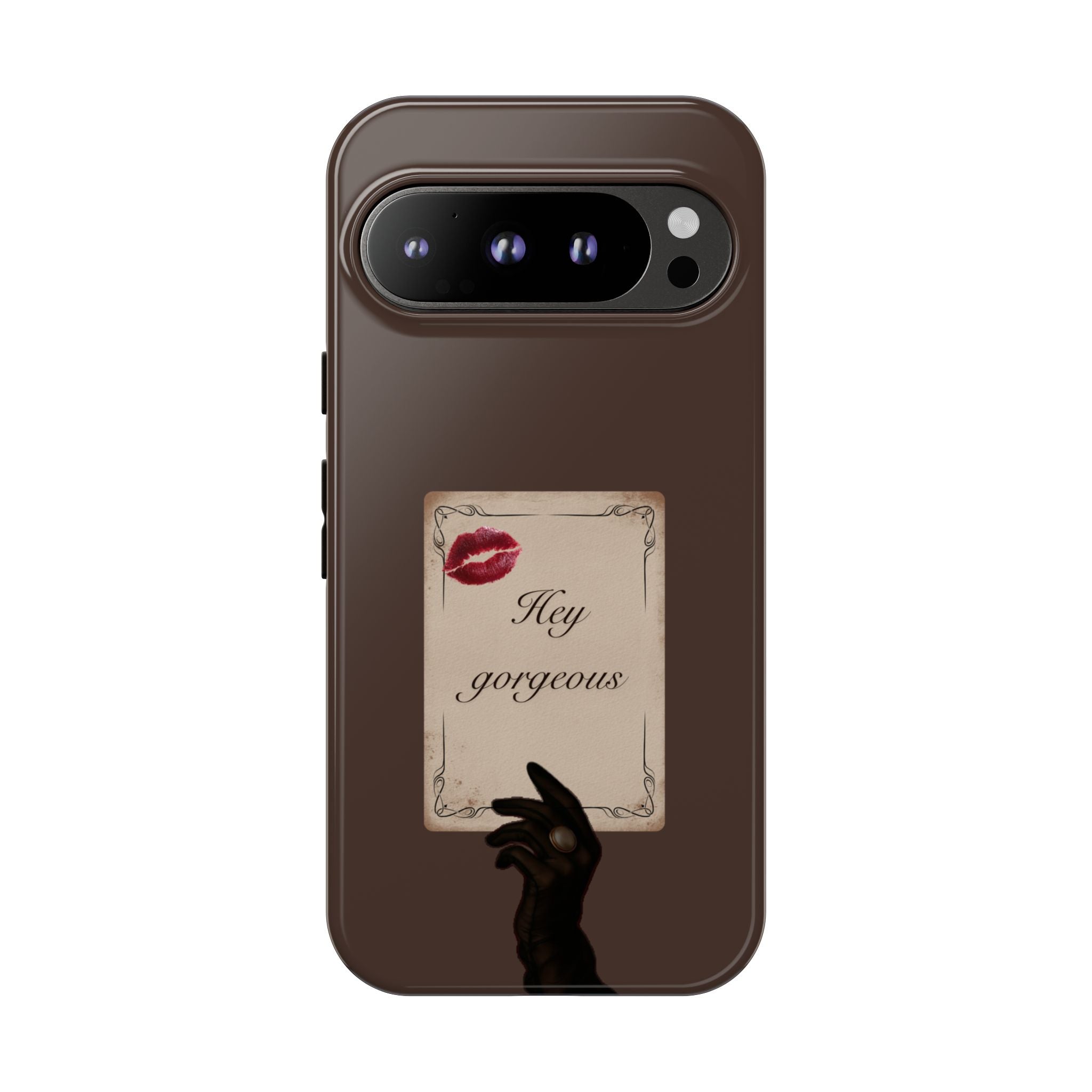 Hey Gorgeous Phone Case — Brown Lip Print & Shadow Hand Protective Cover