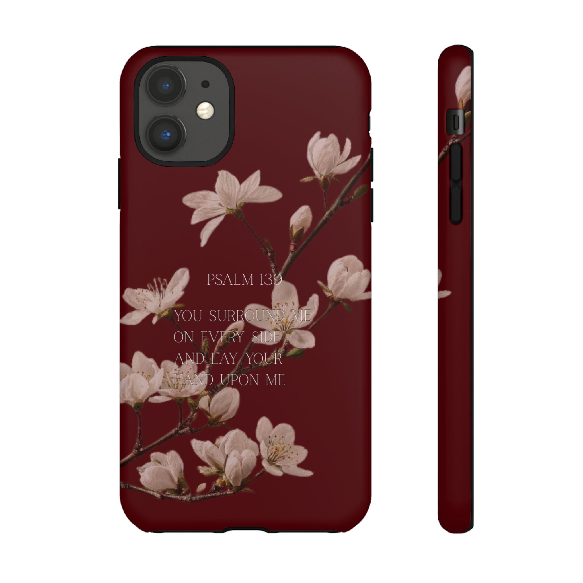 Floral Psalm Tough Phone Case — Burgundy Magnolia Branch with Psalm 139 Verse