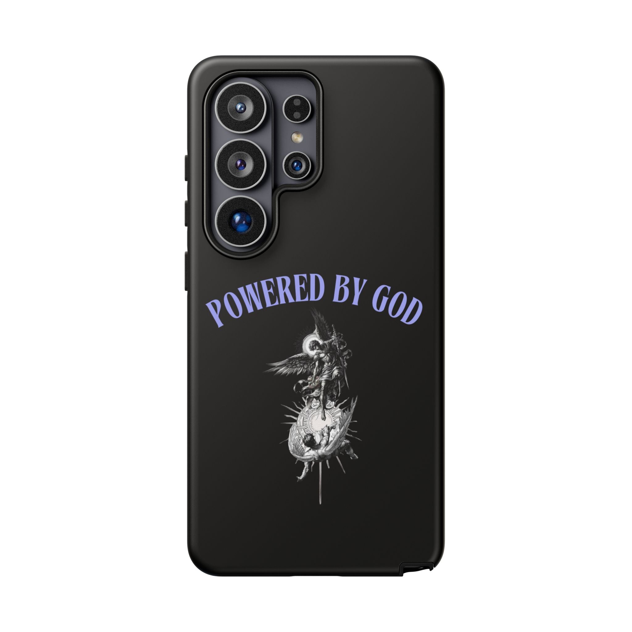 Phone Case — "Powered by God" Black Protective Case with Angelic Skull Design
