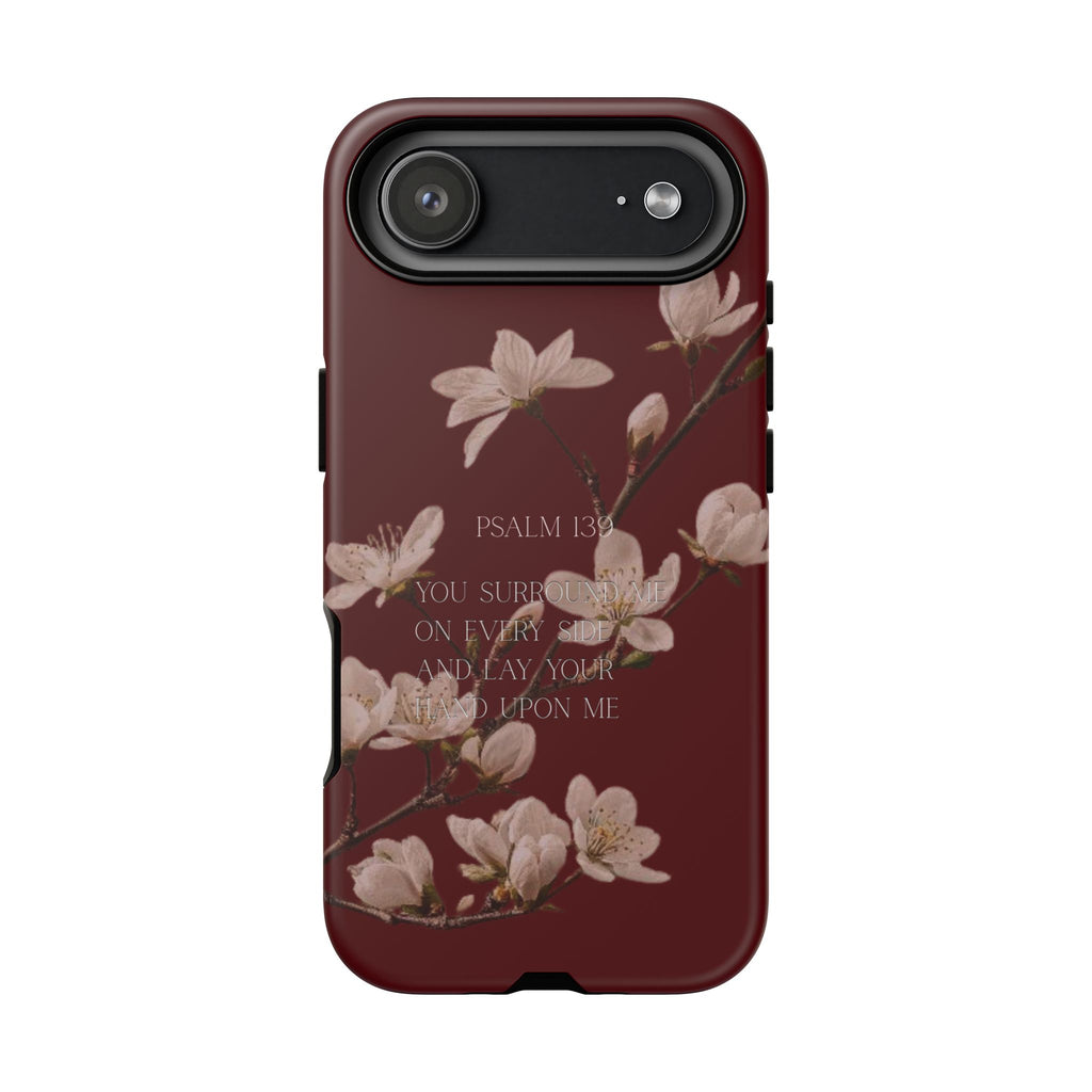 Floral Psalm Tough Phone Case — Burgundy Magnolia Branch with Psalm 139 Verse
