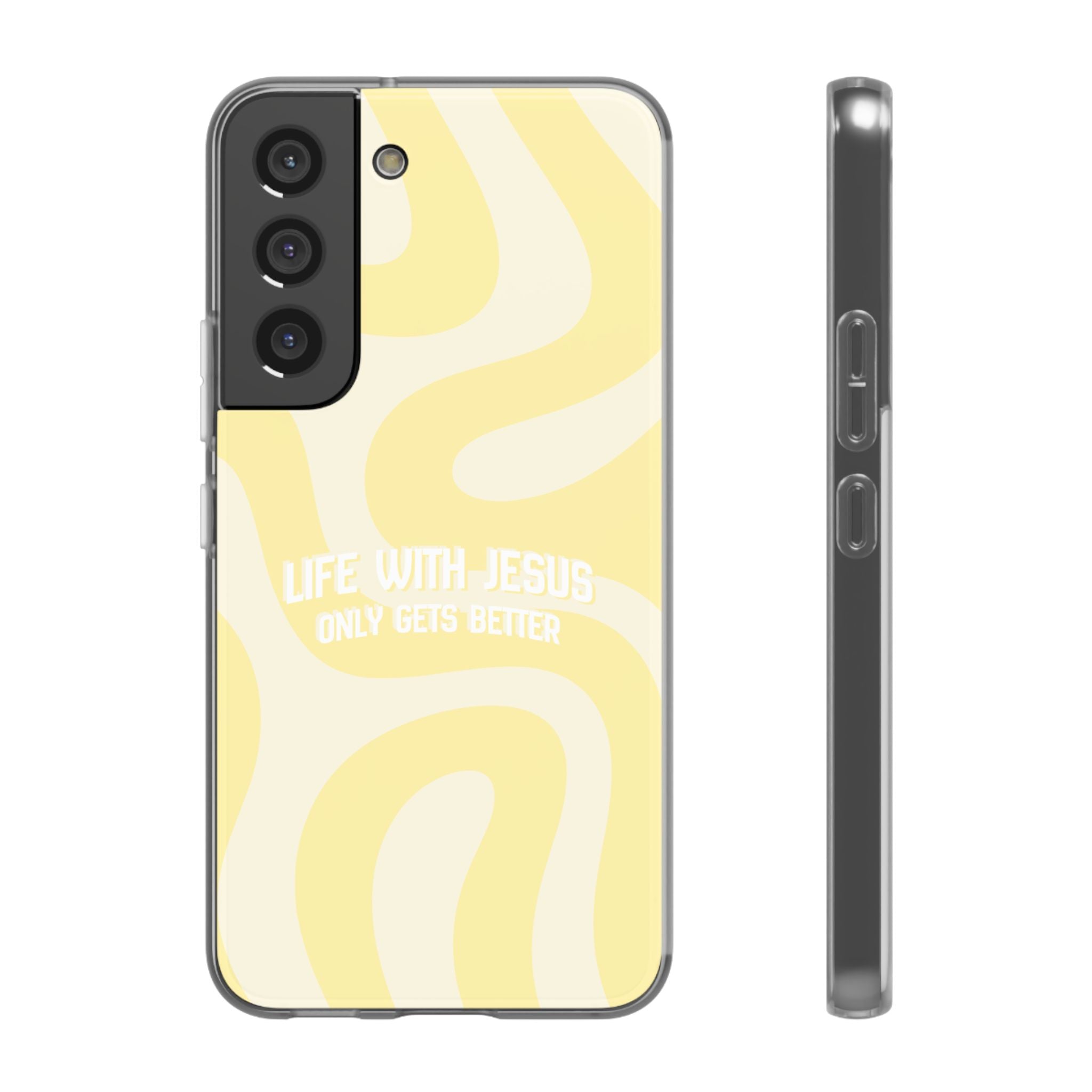 Christian Phone Case - "Life With Jesus Only Gets Better" Yellow Swirl Flexi Case