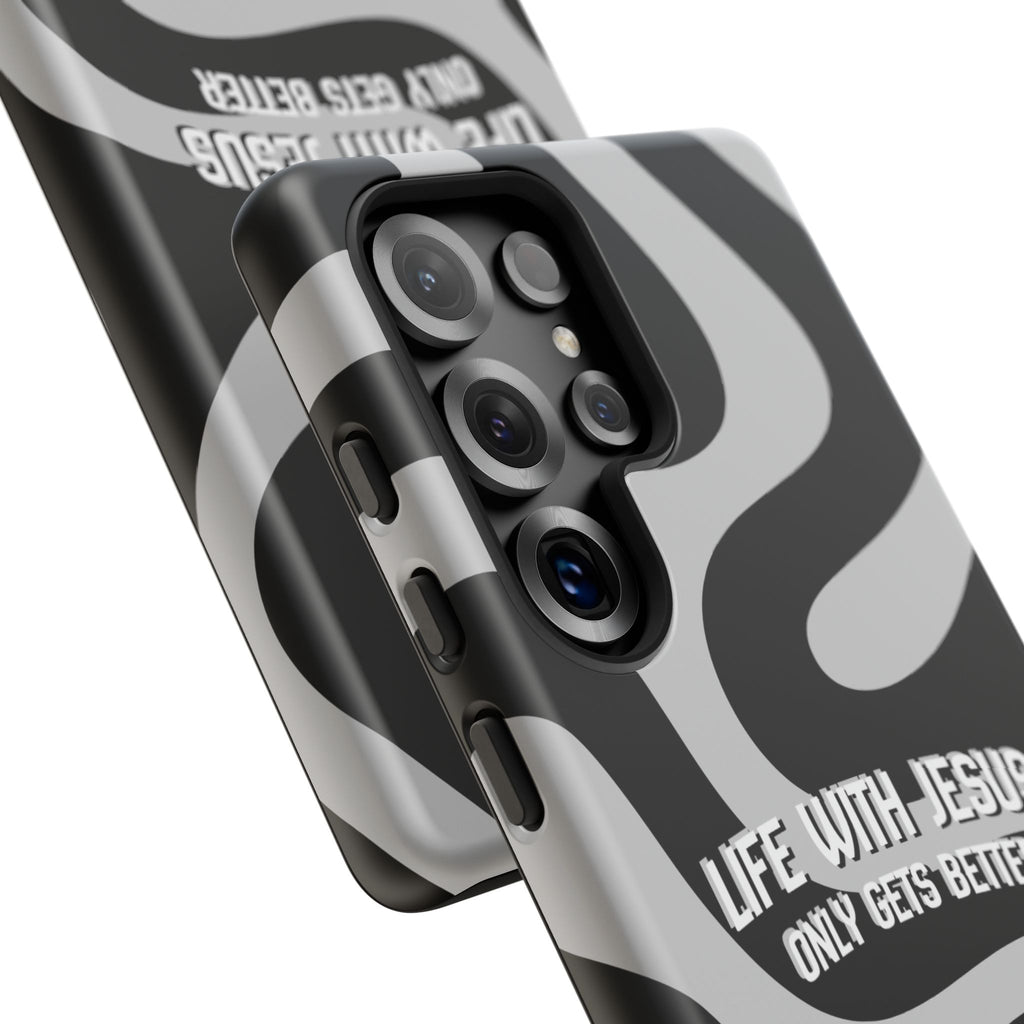 Christian iPhone Tough Case — "Life With Jesus Only Gets Better" Black & White Swirl Design