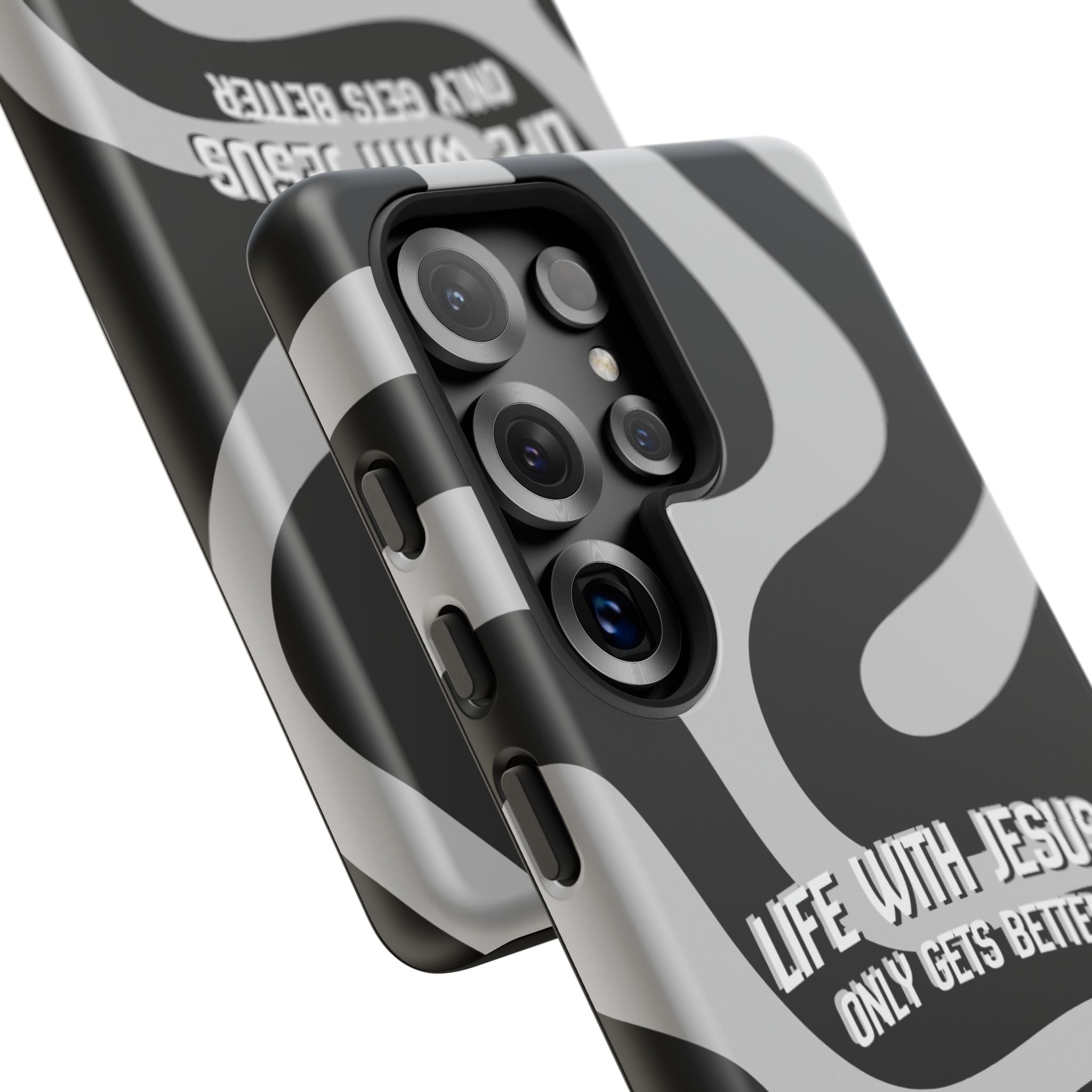 Christian iPhone Tough Case — "Life With Jesus Only Gets Better" Black & White Swirl Design
