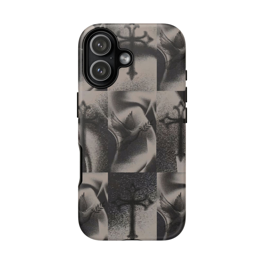 Gothic Cross & Dove Phone Case — Moody Checkerboard Protective Case