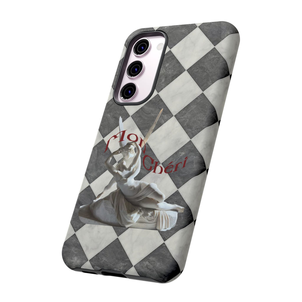 Phone Case — Vintage Harlequin Design with 'Mon Cheri' Statue Accent