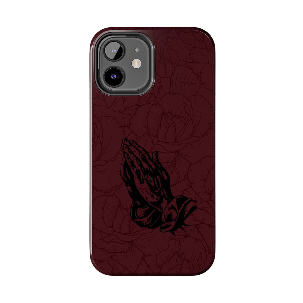 Burgundy Praying Hands Tough Phone Case – Floral Background, Religious Protective Cover