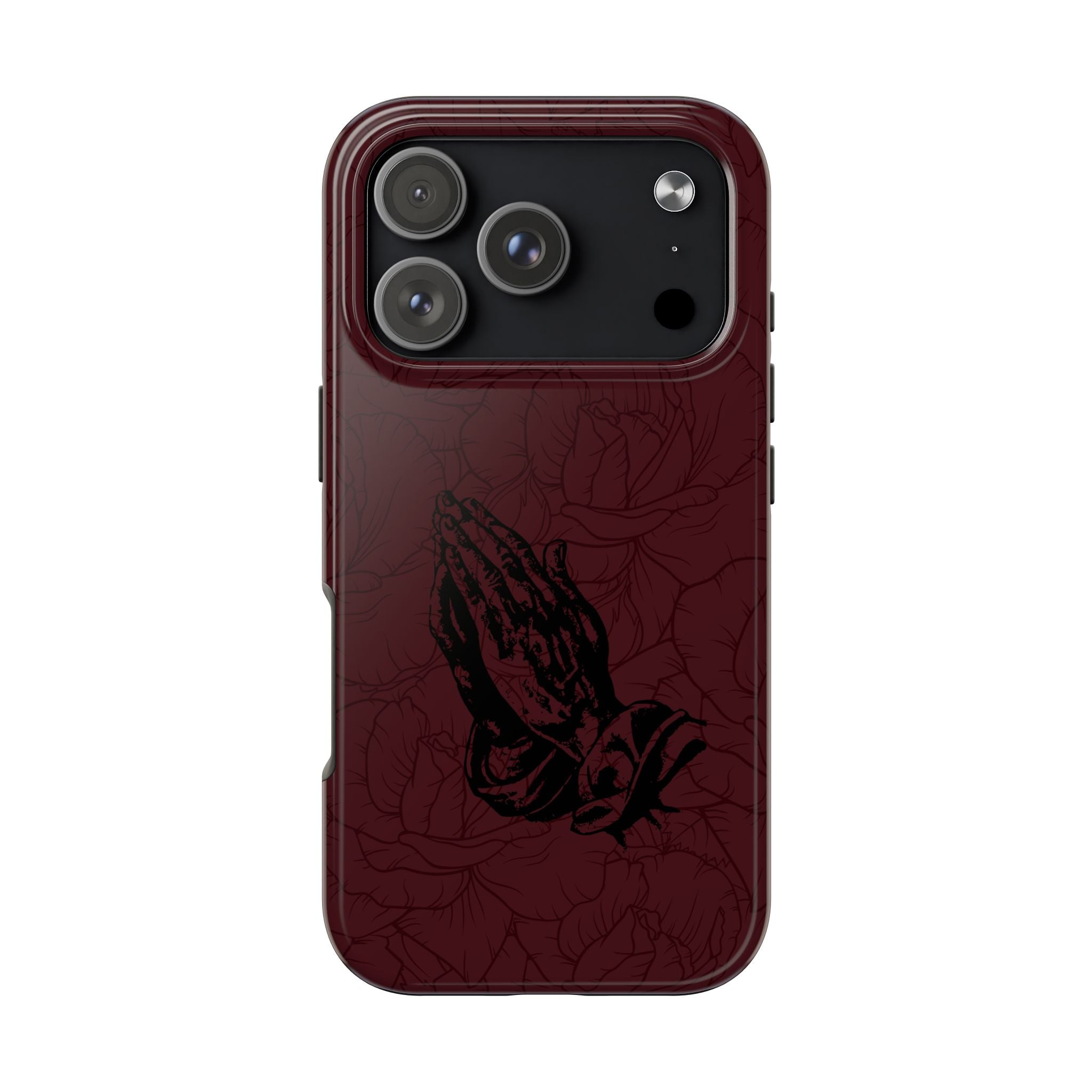 Burgundy Praying Hands Tough Phone Case – Floral Background, Religious Protective Cover