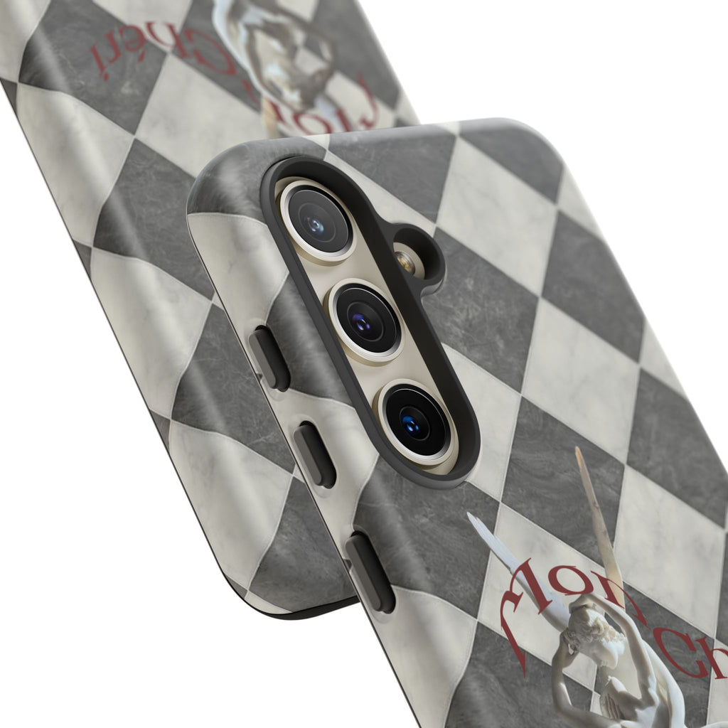 Phone Case — Vintage Harlequin Design with 'Mon Cheri' Statue Accent