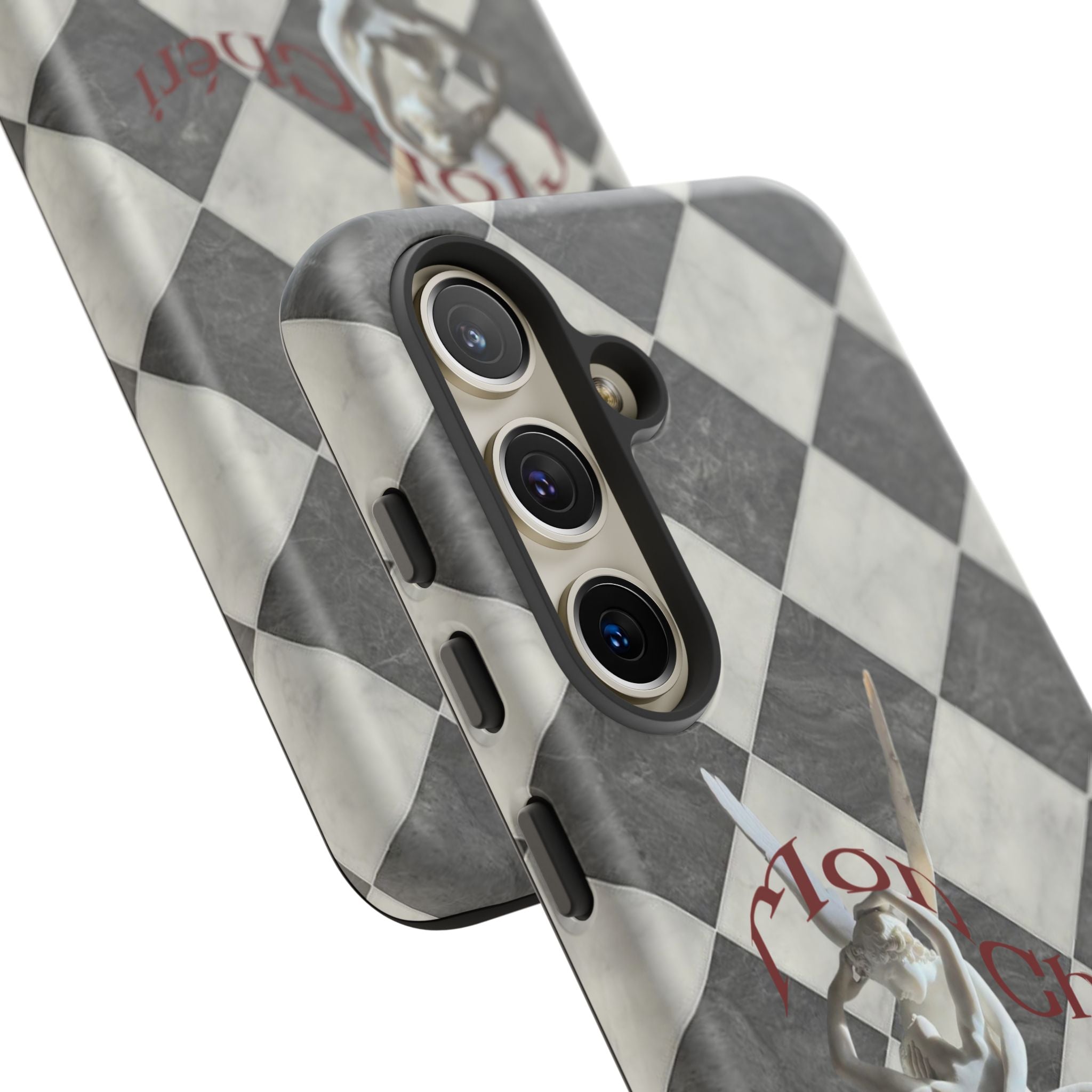 Phone Case — Vintage Harlequin Design with 'Mon Cheri' Statue Accent