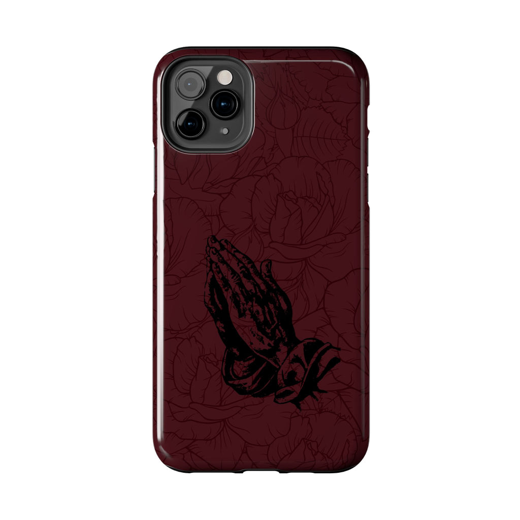 Burgundy Praying Hands Tough Phone Case – Floral Background, Religious Protective Cover