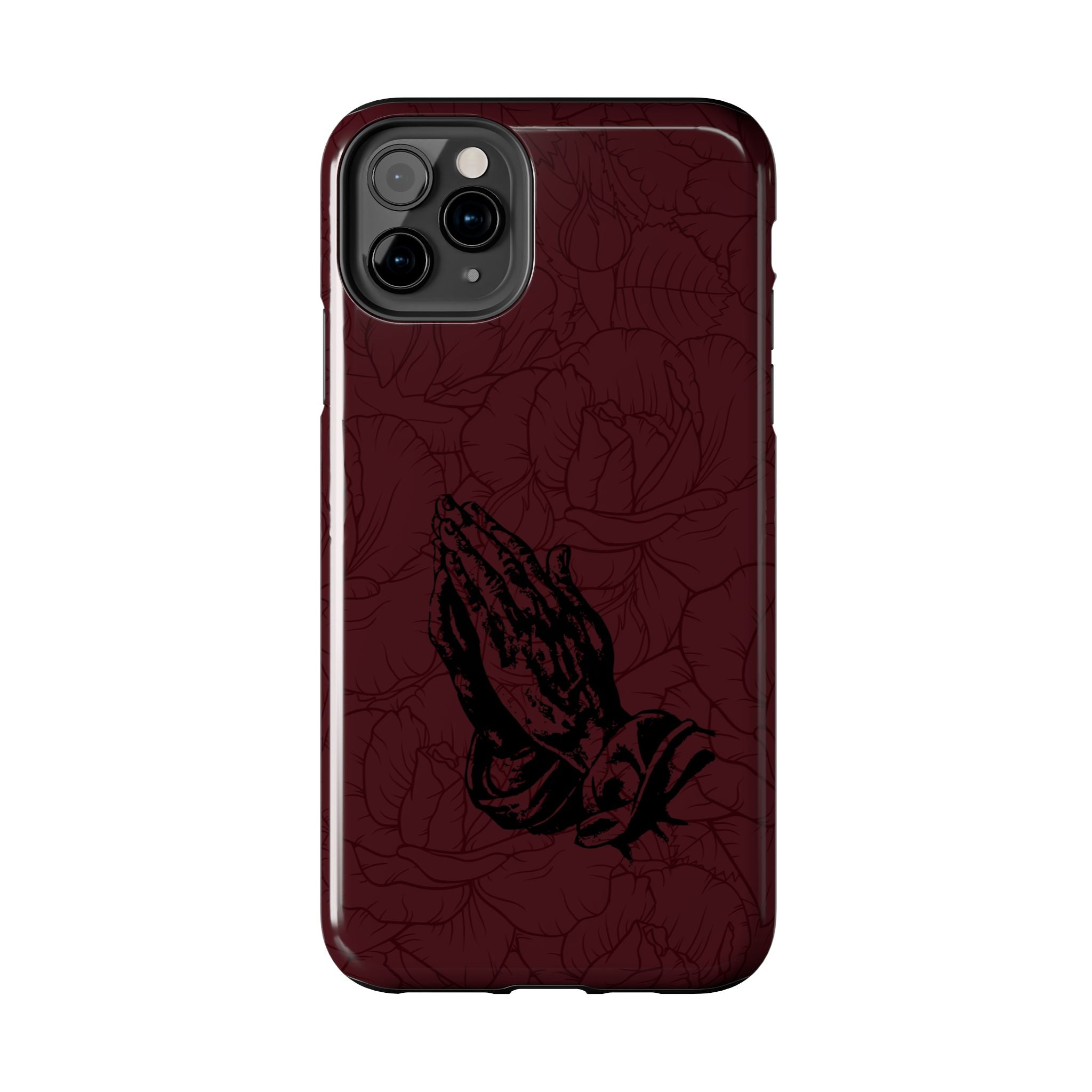 Burgundy Praying Hands Tough Phone Case – Floral Background, Religious Protective Cover