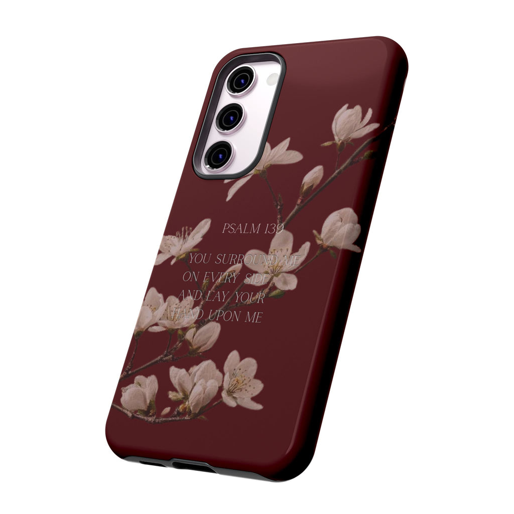 Floral Psalm Tough Phone Case — Burgundy Magnolia Branch with Psalm 139 Verse