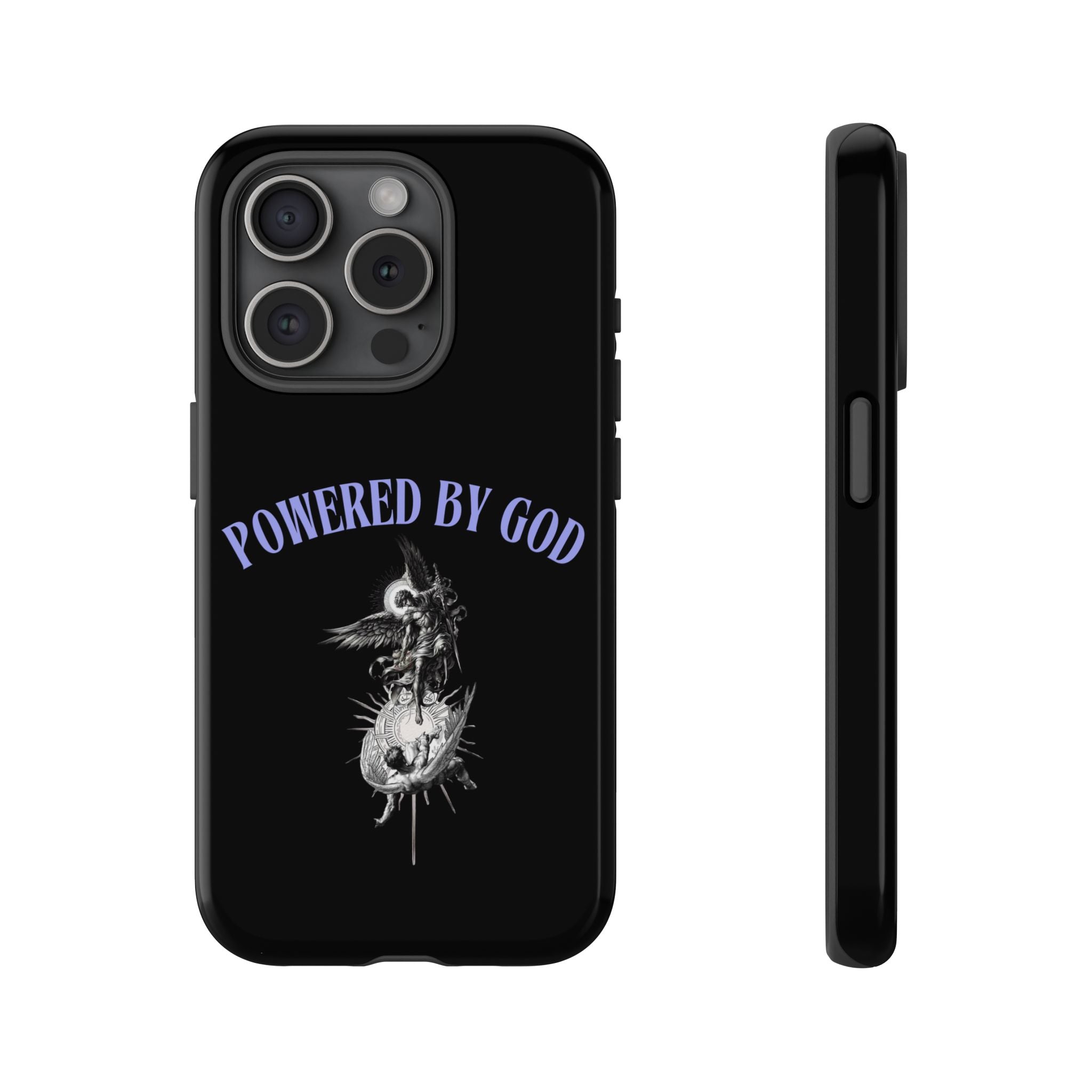 Phone Case — "Powered by God" Black Protective Case with Angelic Skull Design
