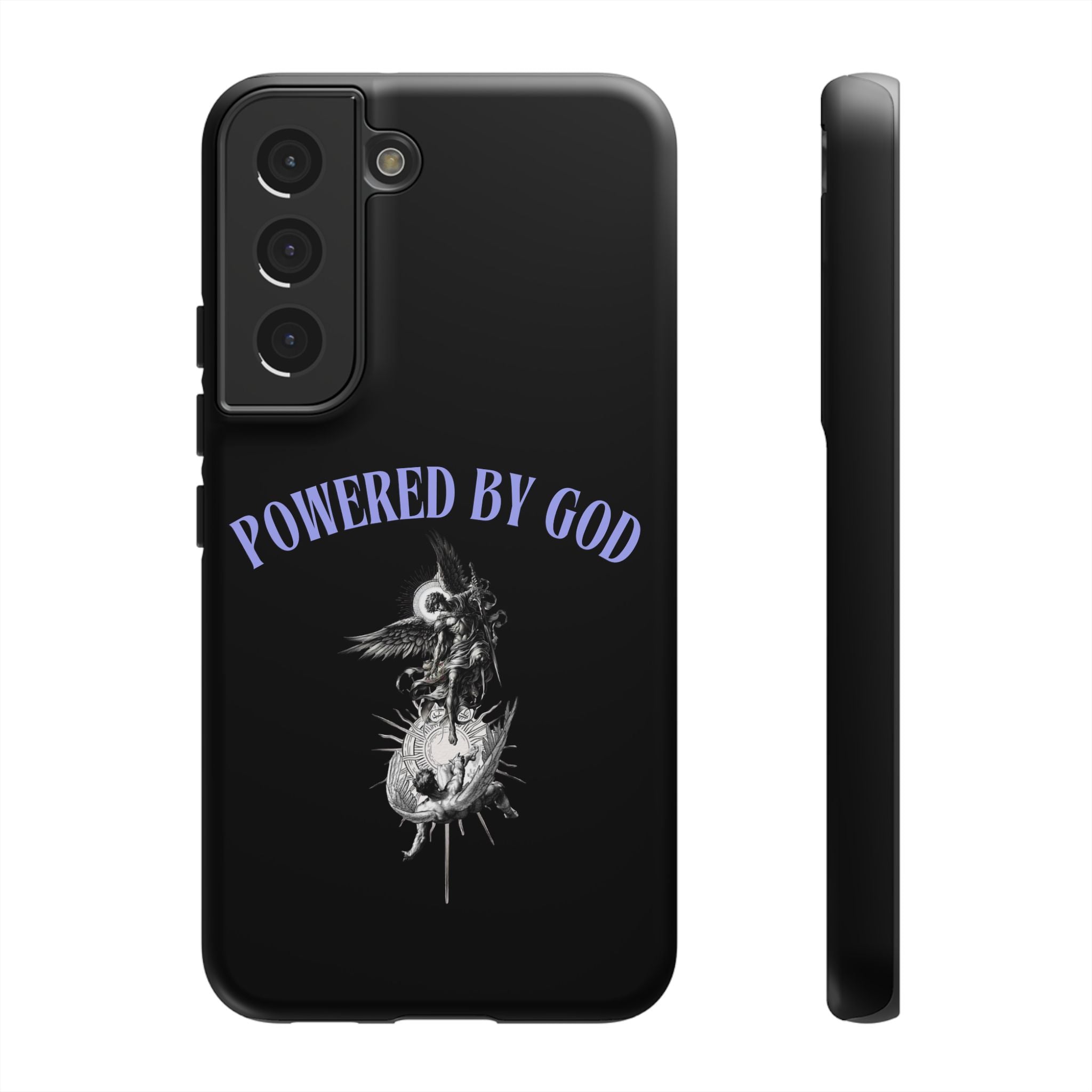 Phone Case — "Powered by God" Black Protective Case with Angelic Skull Design