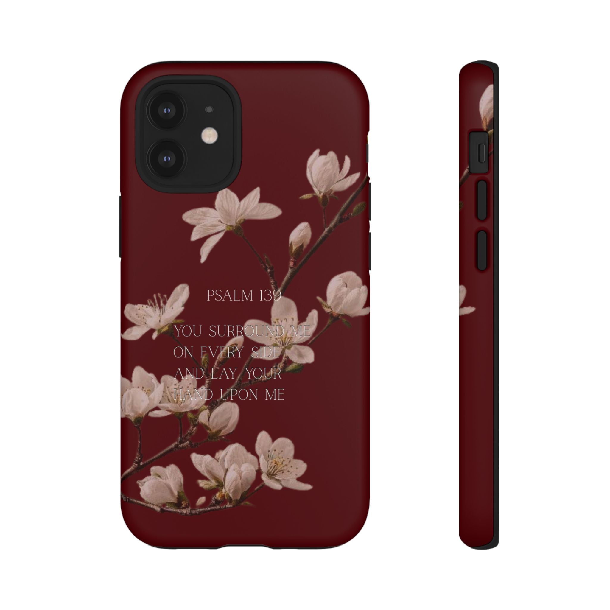 Floral Psalm Tough Phone Case — Burgundy Magnolia Branch with Psalm 139 Verse