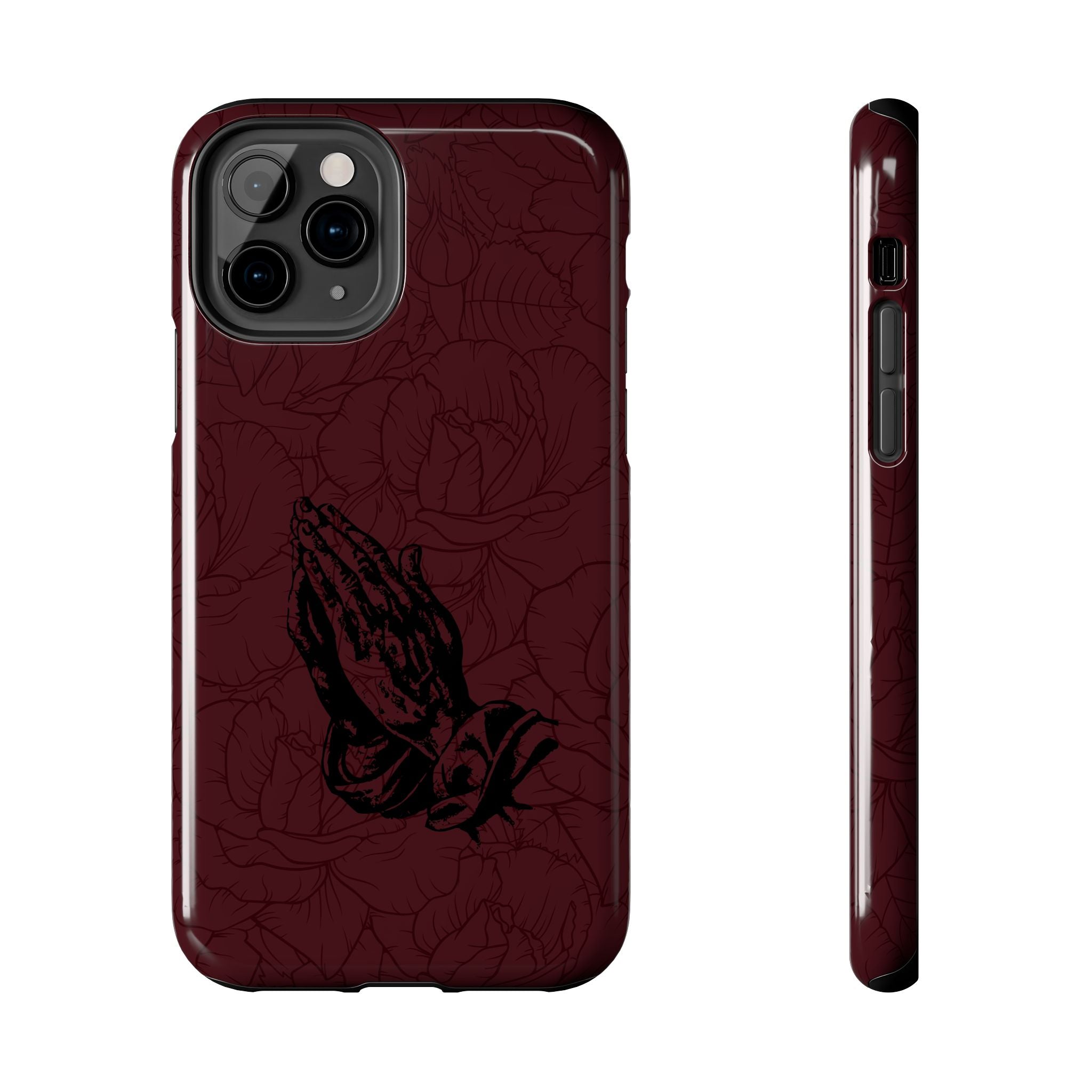 Burgundy Praying Hands Tough Phone Case – Floral Background, Religious Protective Cover