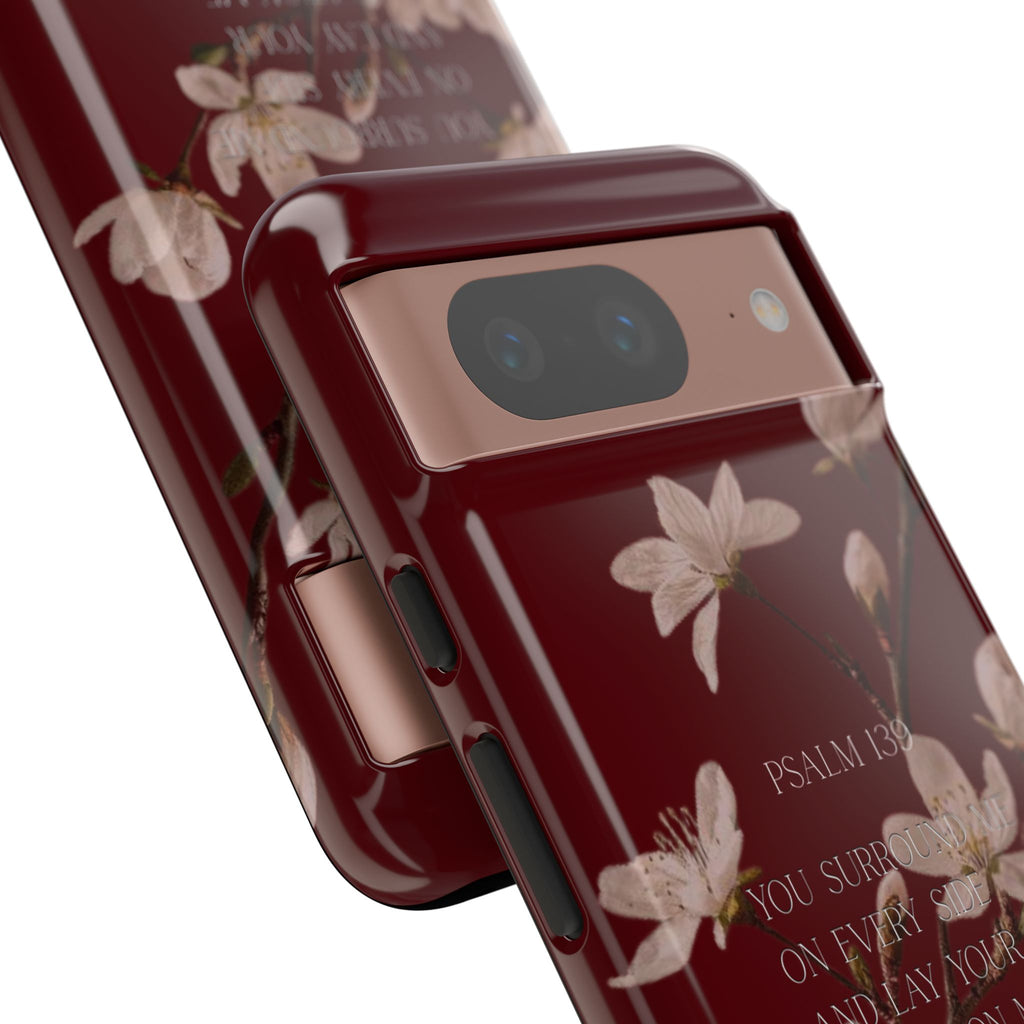 Floral Psalm Tough Phone Case — Burgundy Magnolia Branch with Psalm 139 Verse