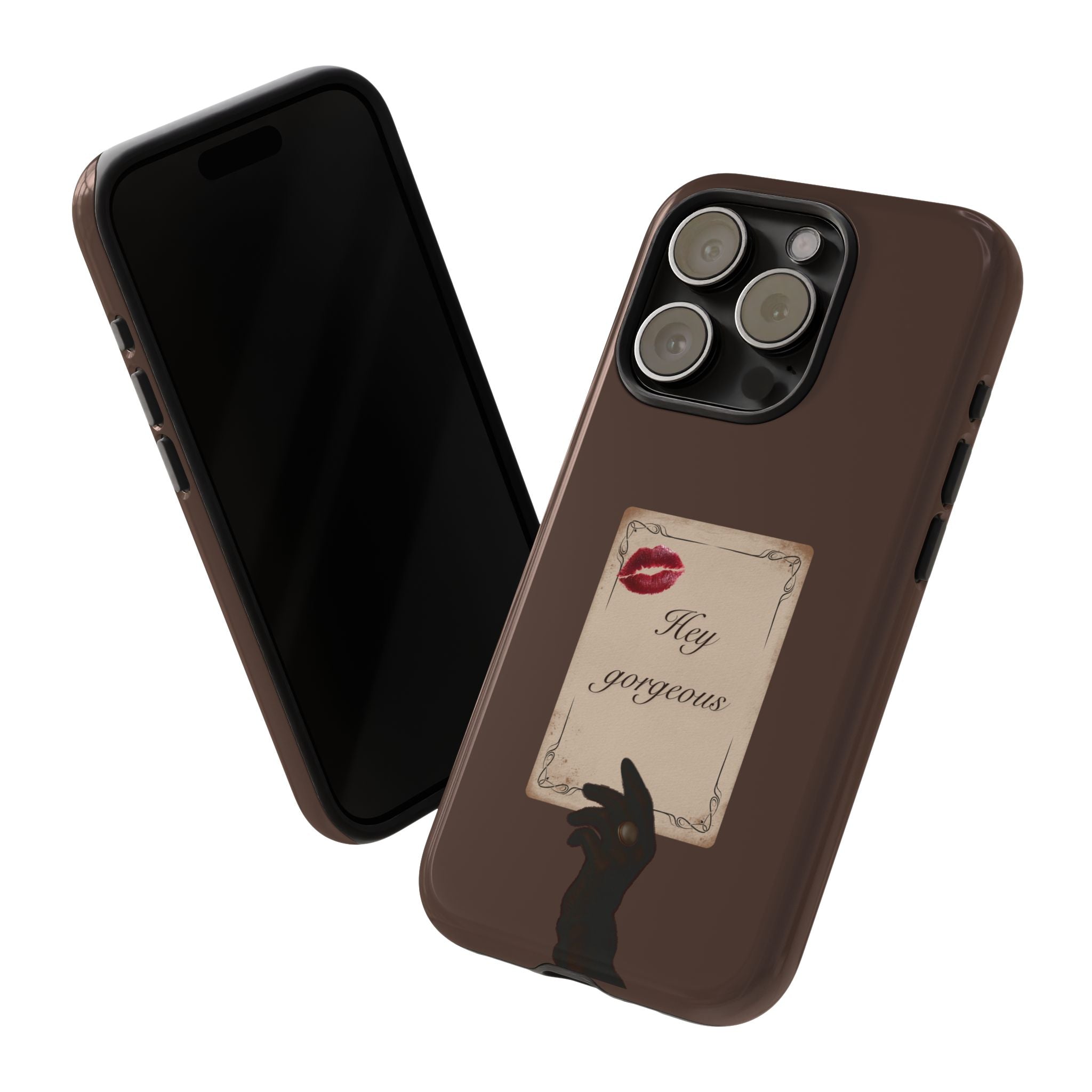 Hey Gorgeous Phone Case — Brown Lip Print & Shadow Hand Protective Cover
