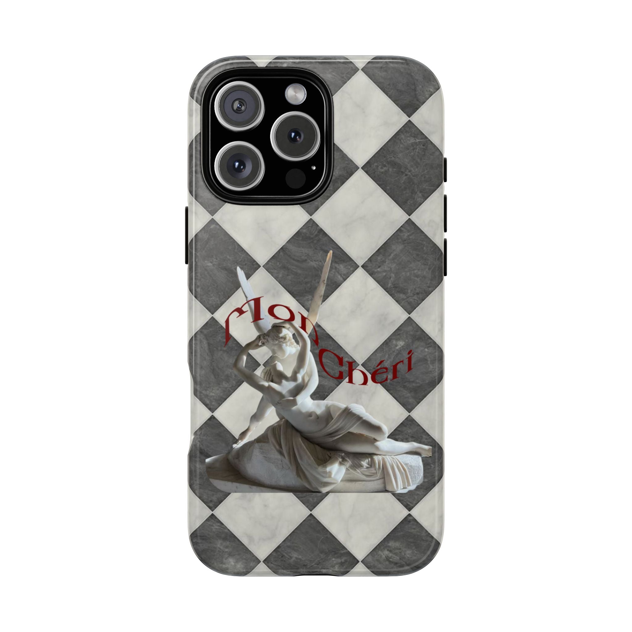 Phone Case — Vintage Harlequin Design with 'Mon Cheri' Statue Accent