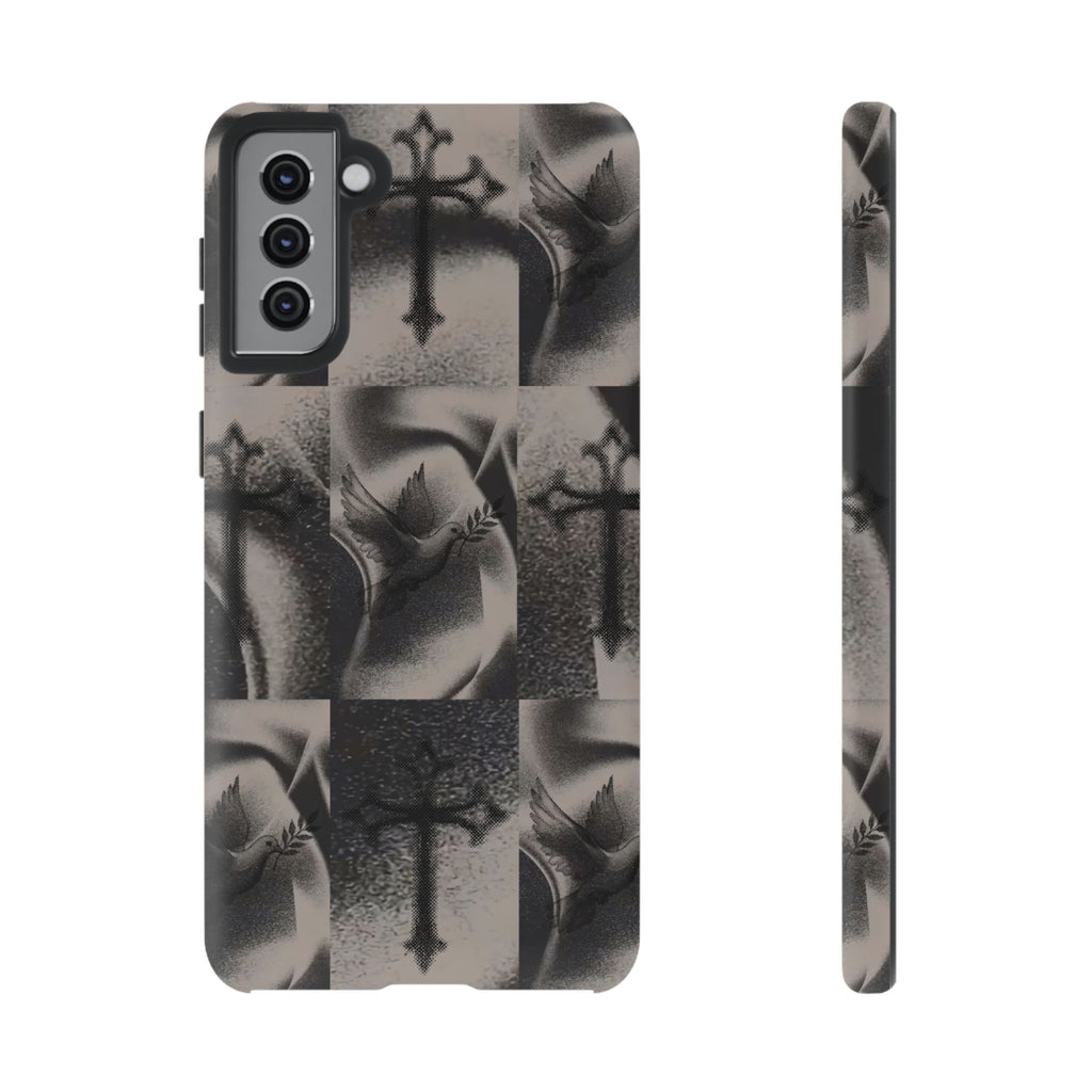 Gothic Cross & Dove Phone Case — Moody Checkerboard Protective Case
