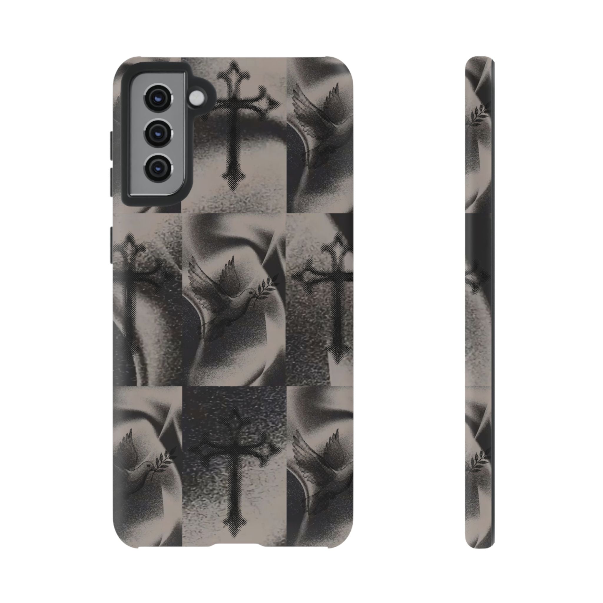 Gothic Cross & Dove Phone Case — Moody Checkerboard Protective Case