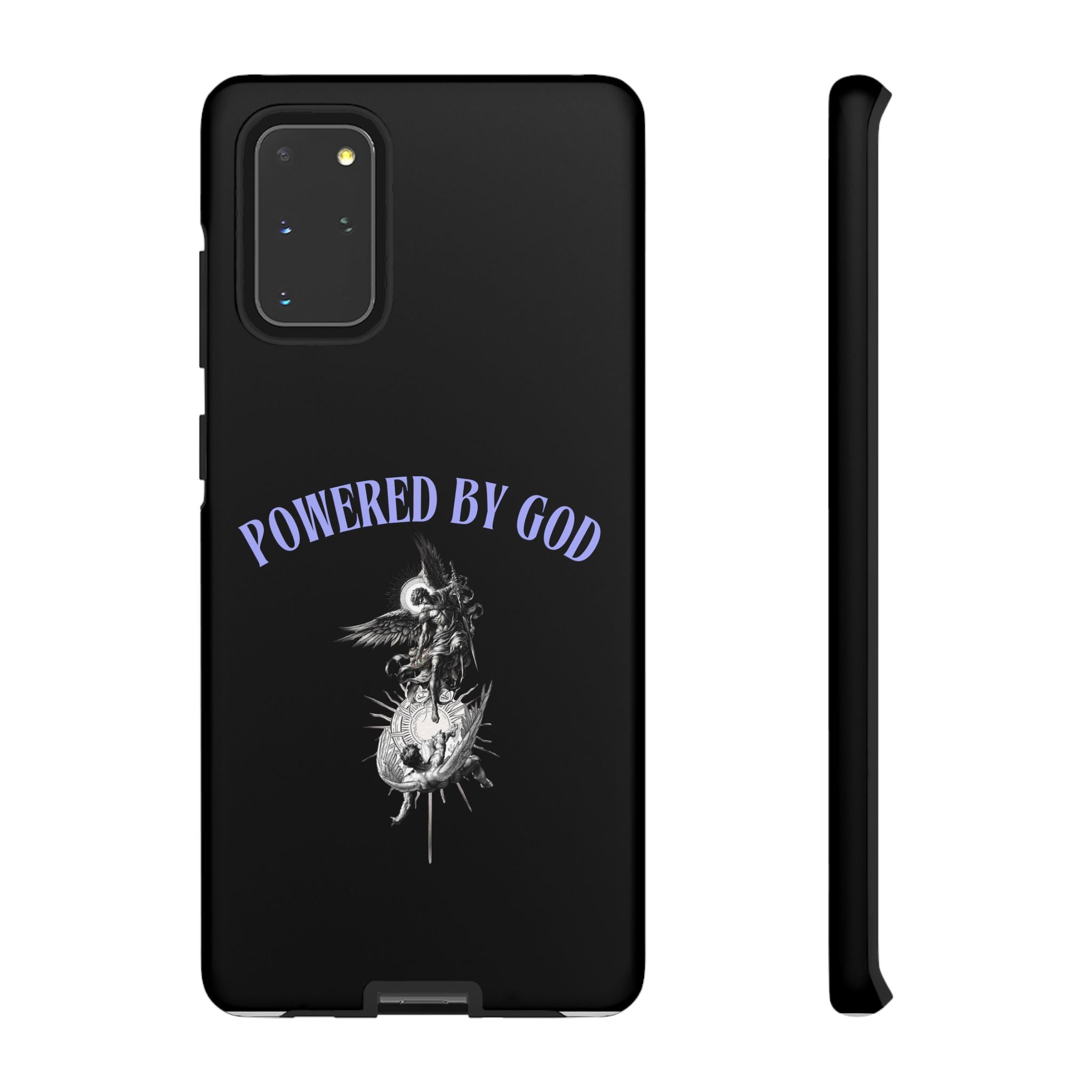 Phone Case — "Powered by God" Black Protective Case with Angelic Skull Design