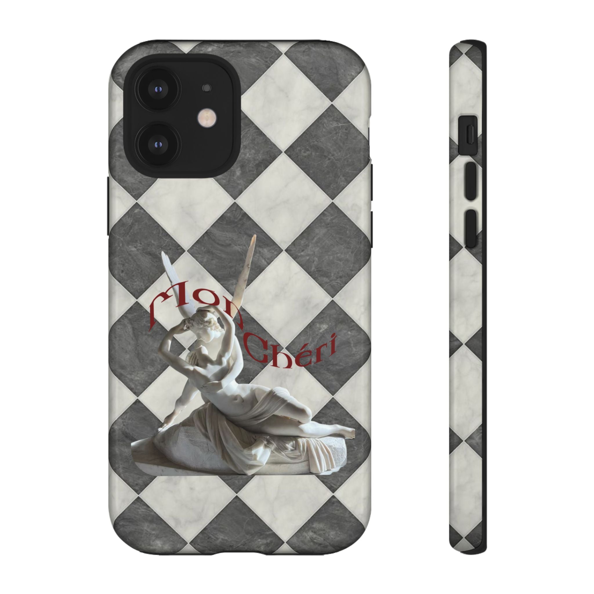 Phone Case — Vintage Harlequin Design with 'Mon Cheri' Statue Accent