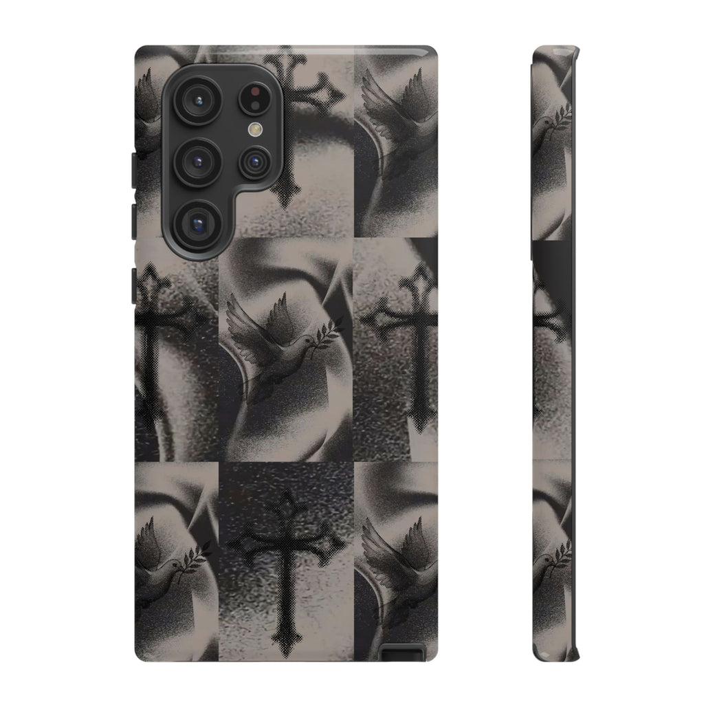 Gothic Cross & Dove Phone Case — Moody Checkerboard Protective Case