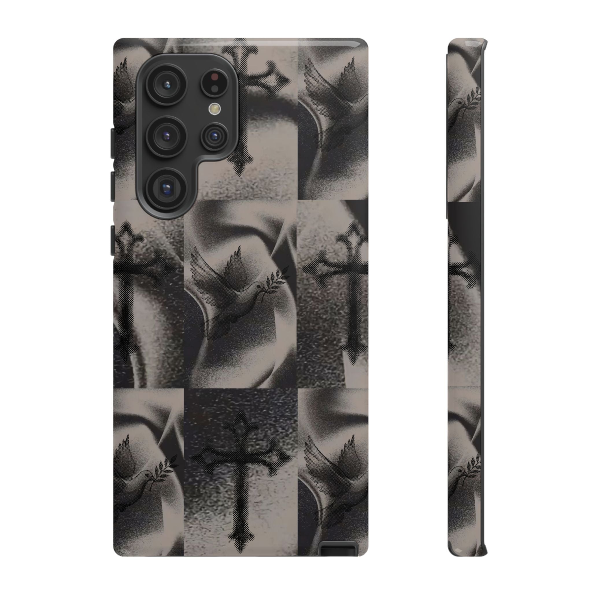 Gothic Cross & Dove Phone Case — Moody Checkerboard Protective Case