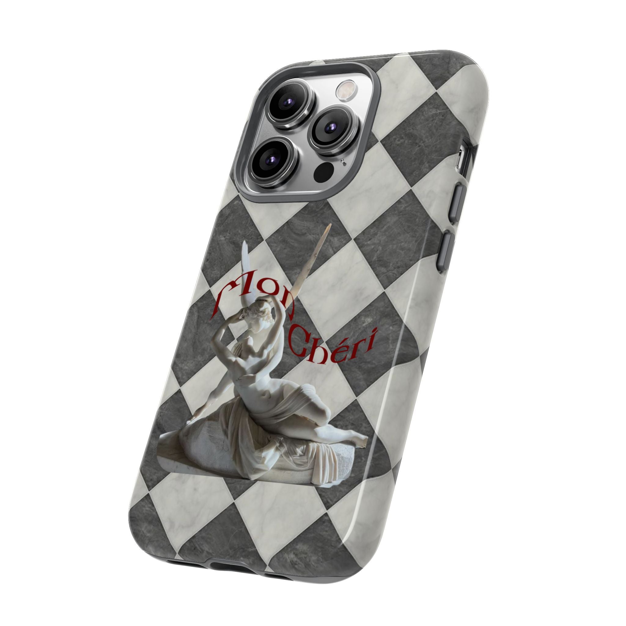 Phone Case — Vintage Harlequin Design with 'Mon Cheri' Statue Accent