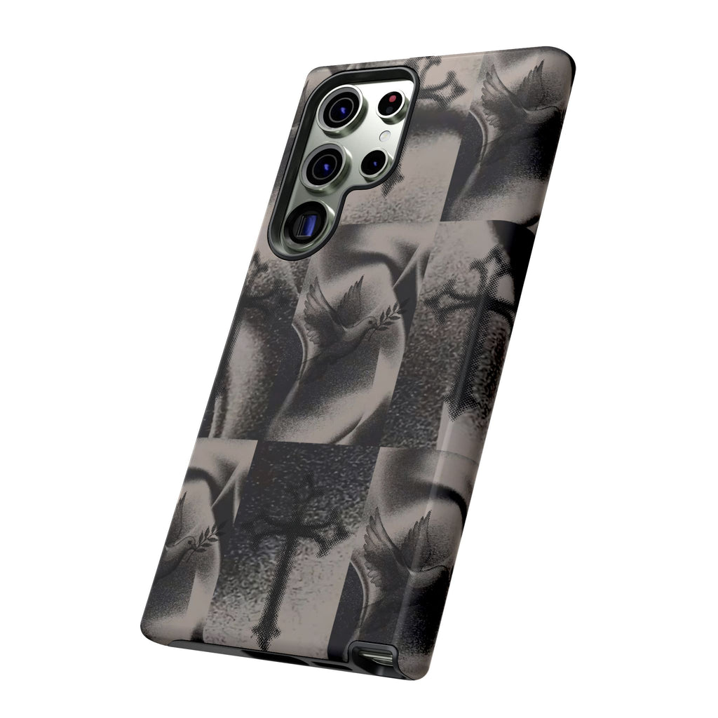 Gothic Cross & Dove Phone Case — Moody Checkerboard Protective Case