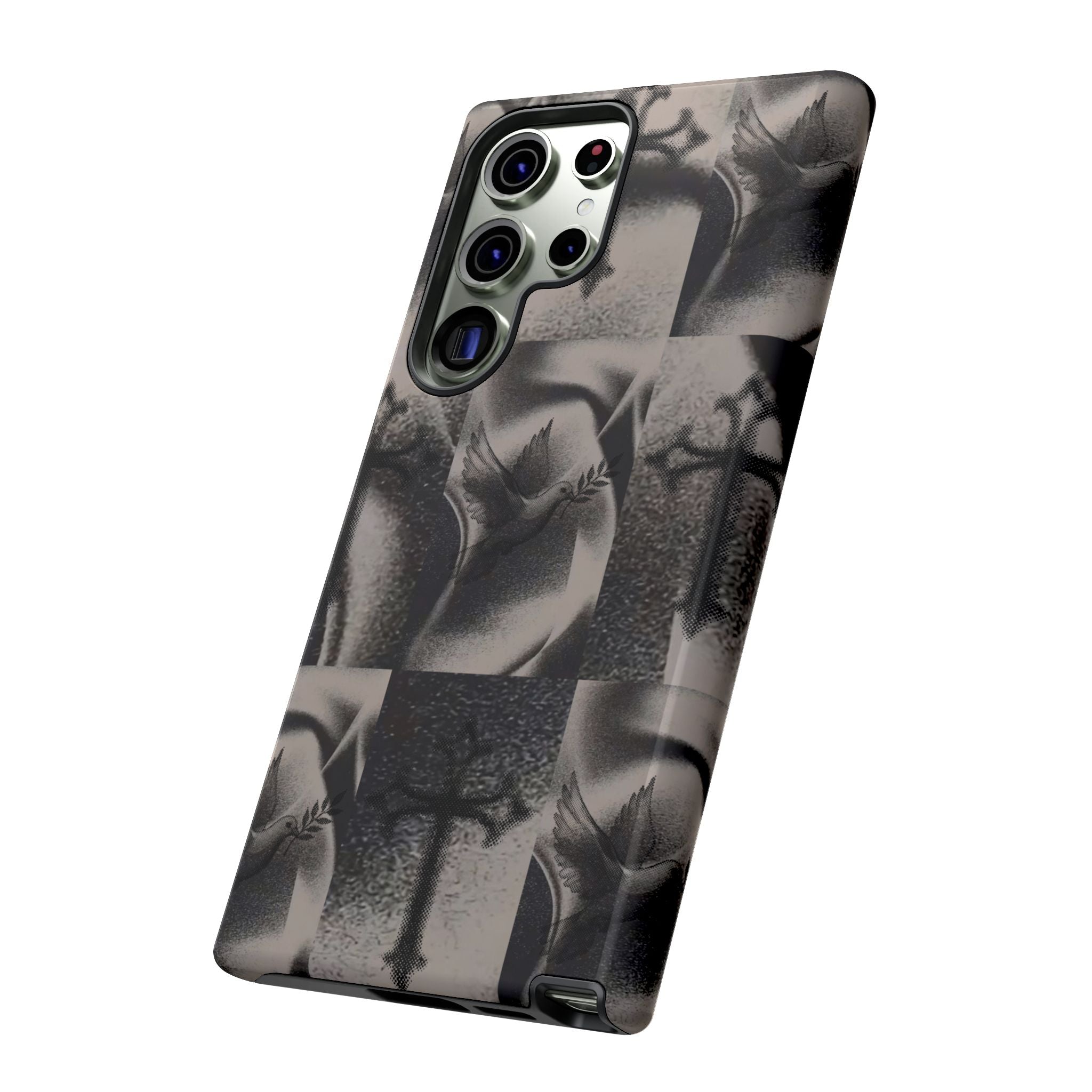 Gothic Cross & Dove Phone Case — Moody Checkerboard Protective Case