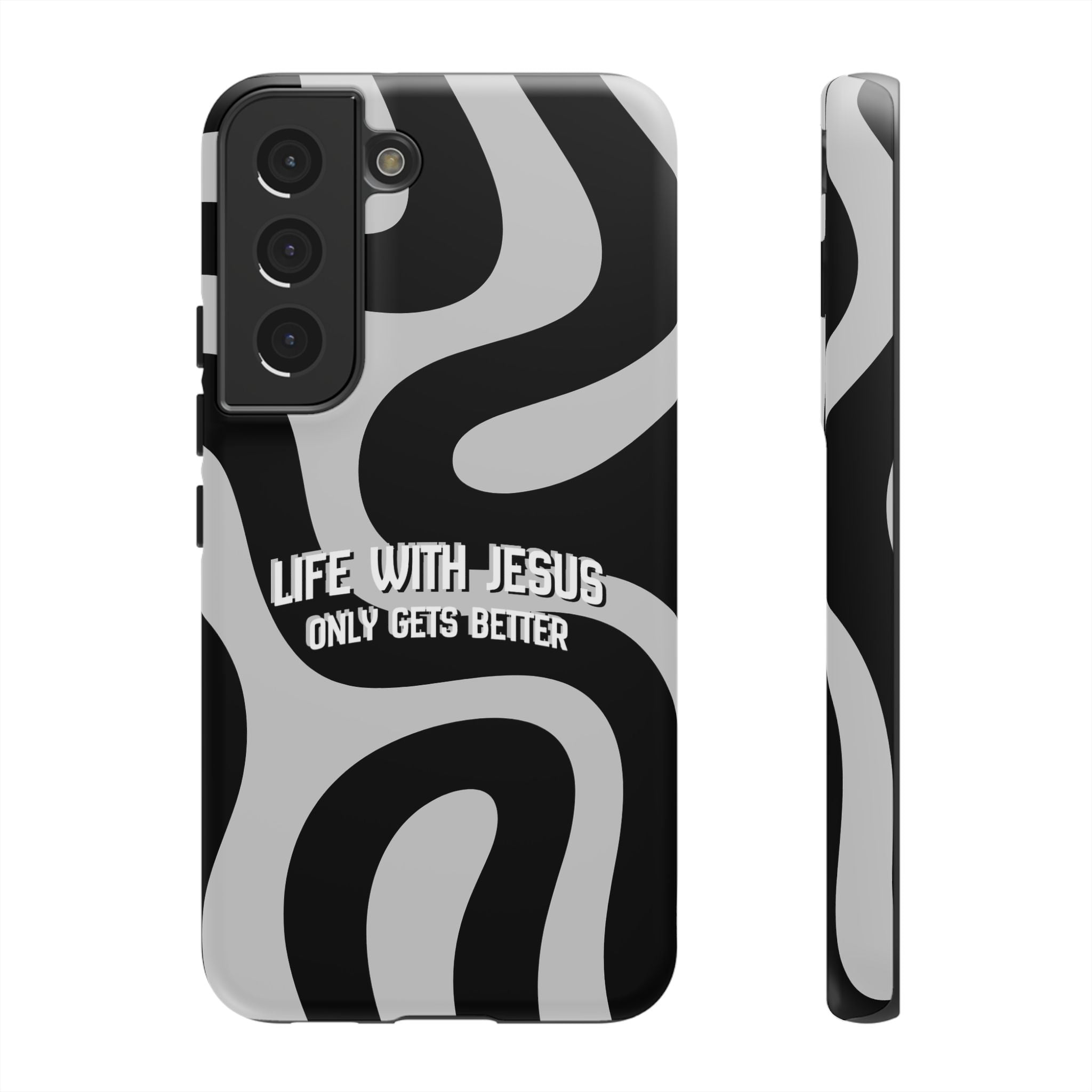 Christian iPhone Tough Case — "Life With Jesus Only Gets Better" Black & White Swirl Design