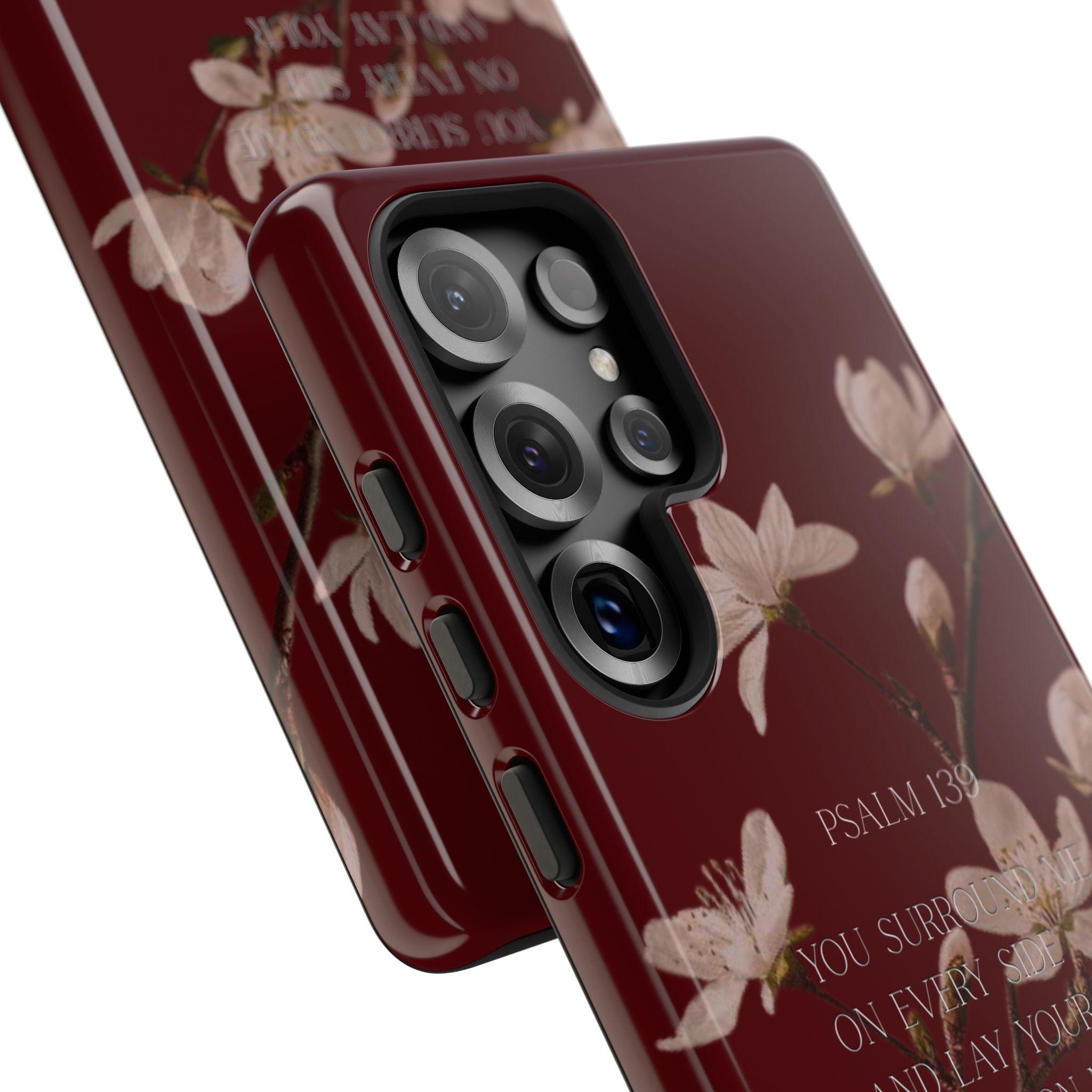 Floral Psalm Tough Phone Case — Burgundy Magnolia Branch with Psalm 139 Verse