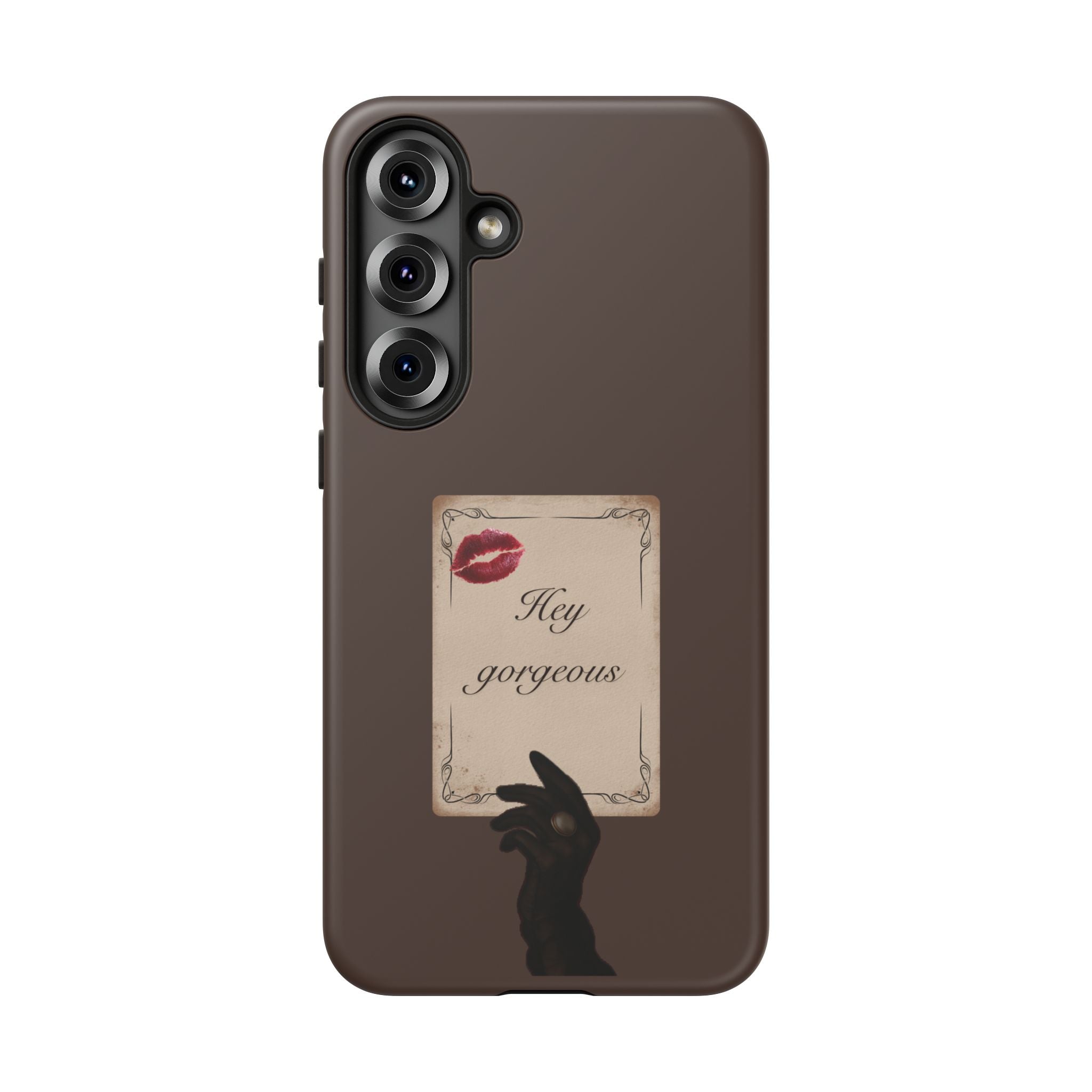 Hey Gorgeous Phone Case — Brown Lip Print & Shadow Hand Protective Cover