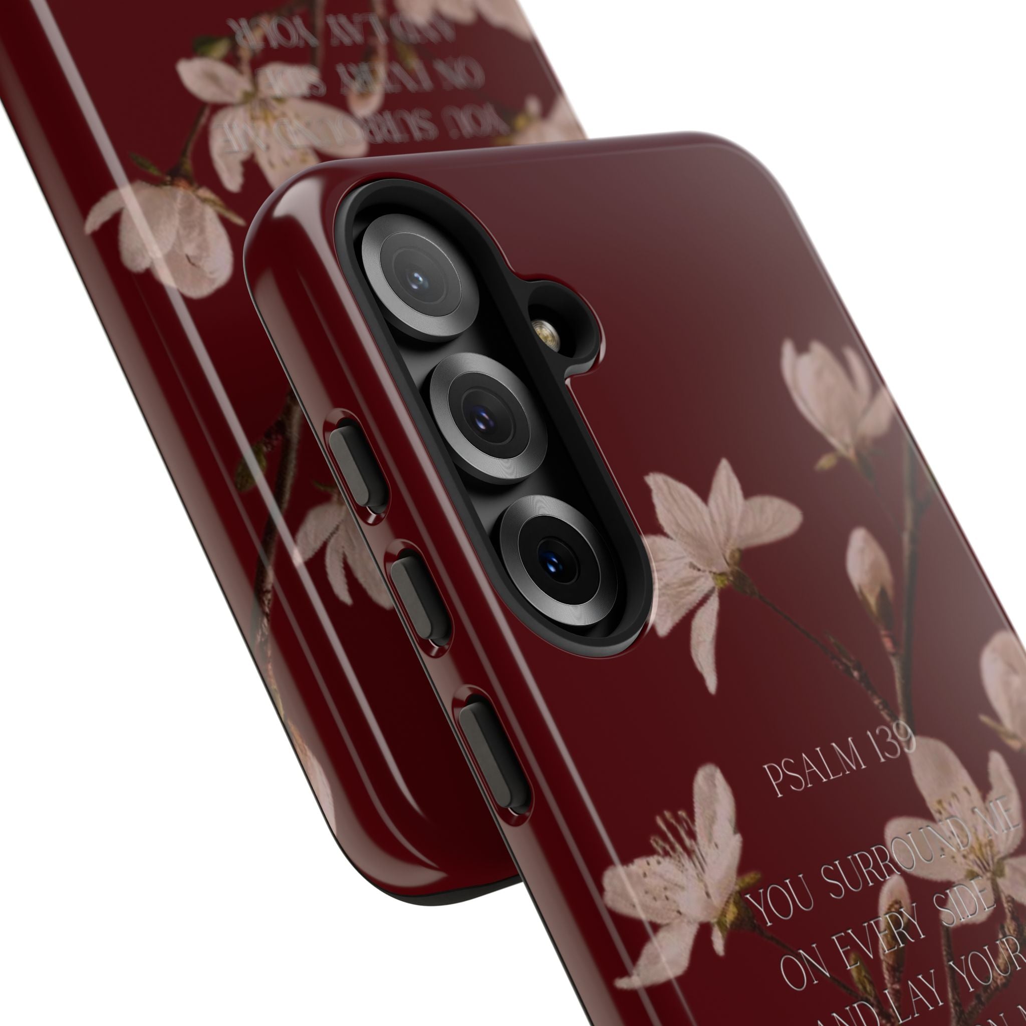 Floral Psalm Tough Phone Case — Burgundy Magnolia Branch with Psalm 139 Verse