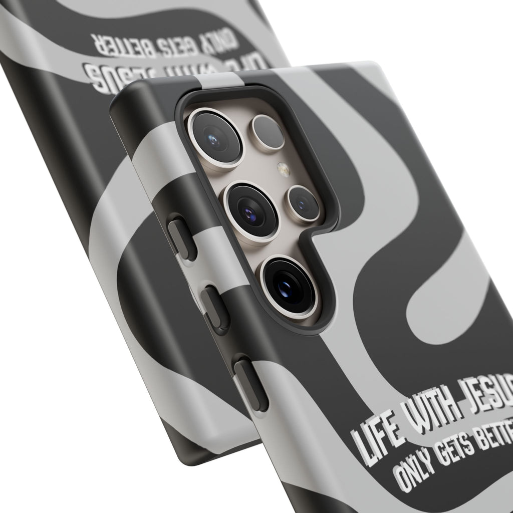 Christian iPhone Tough Case — "Life With Jesus Only Gets Better" Black & White Swirl Design