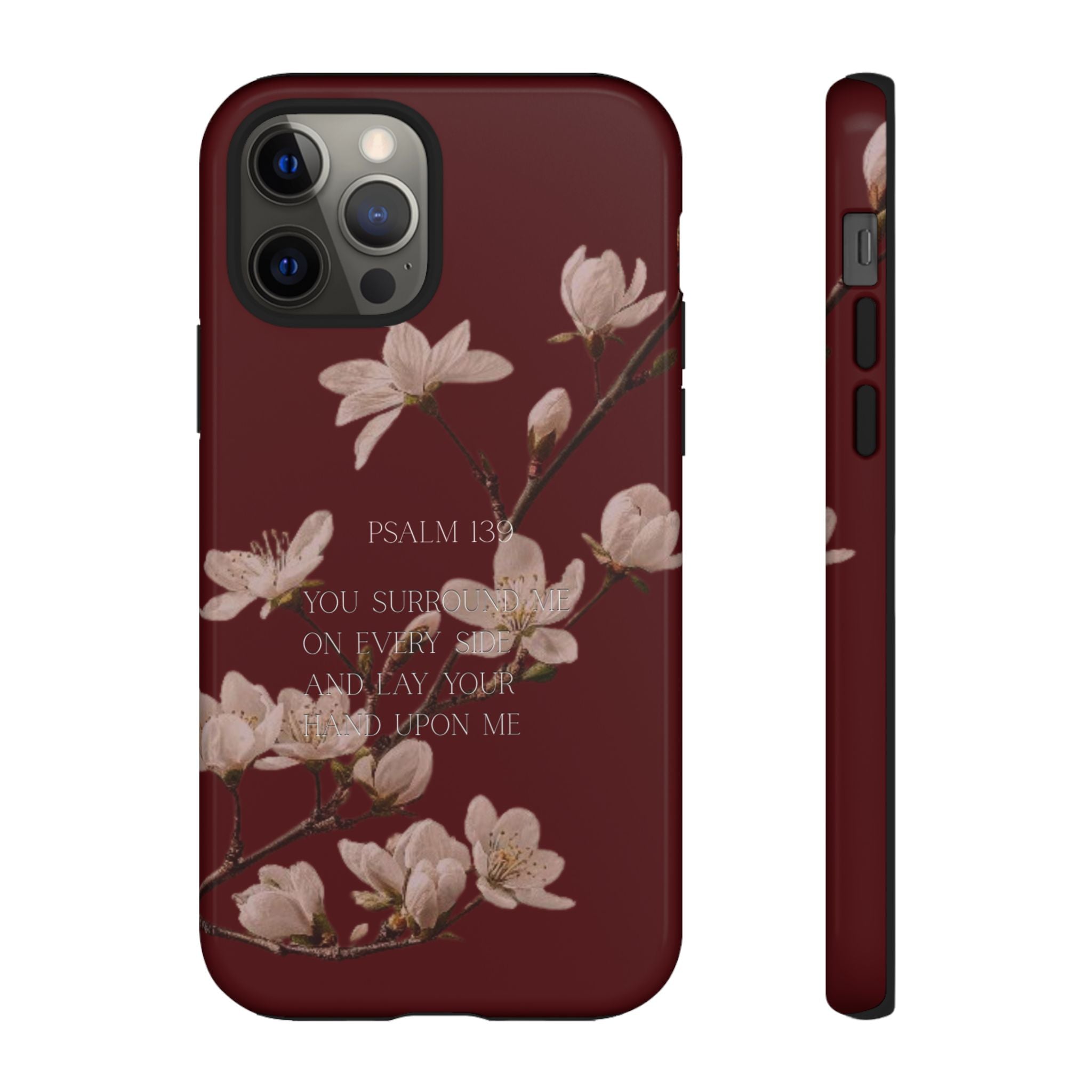 Floral Psalm Tough Phone Case — Burgundy Magnolia Branch with Psalm 139 Verse