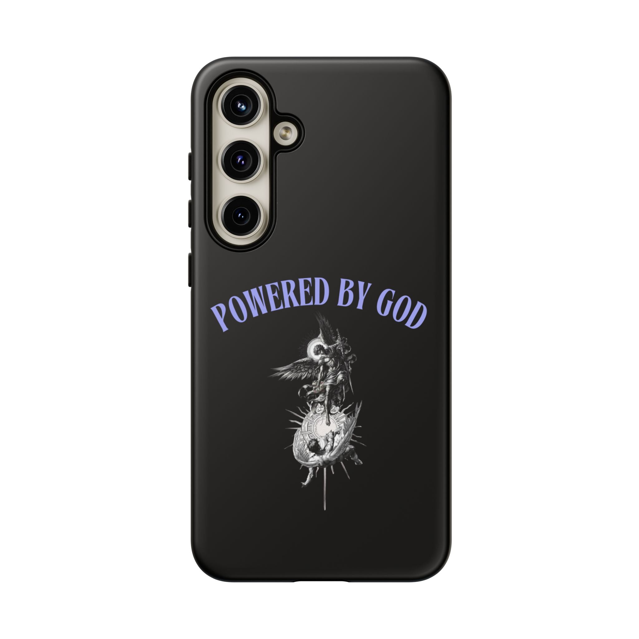 Phone Case — "Powered by God" Black Protective Case with Angelic Skull Design