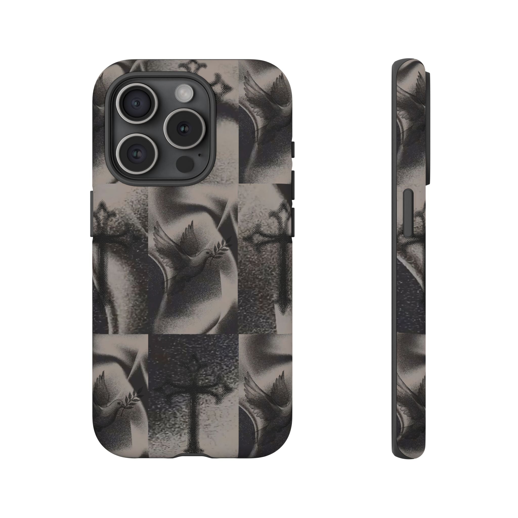 Gothic Cross & Dove Phone Case — Moody Checkerboard Protective Case